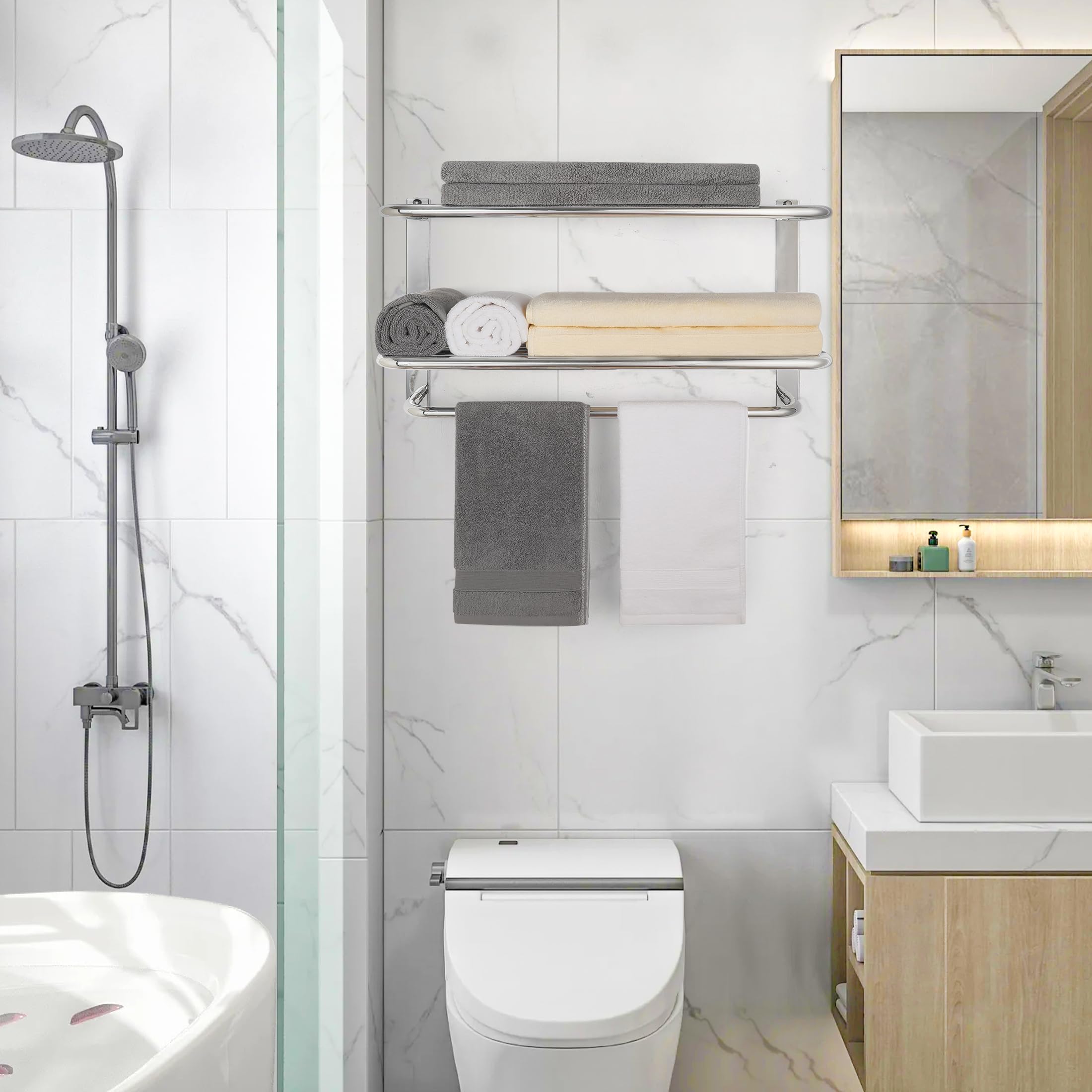 Towel Rack For Bathroom, Dewvie 24 Inch Tower Holder With Tower Bars, Sus 304 Stainless Steel Lavatory Bath Towel Shelf Towel Ha