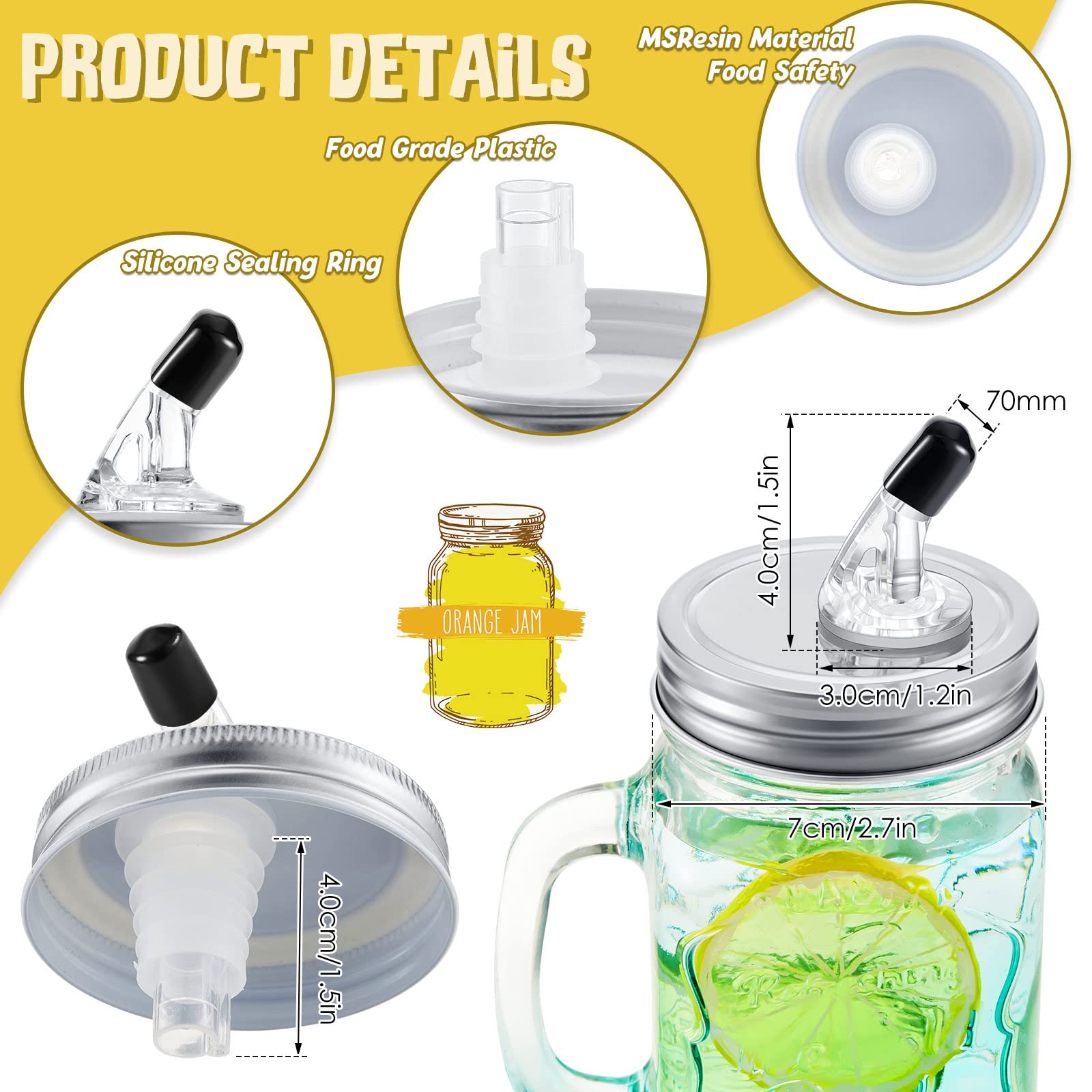 4 Pack Mason Jar Pour Spouts With Flap Regular Mouth Size 70 Mm Mason Jar Pouring Lids Suitable For Any Liquid Leak Proof (Silve