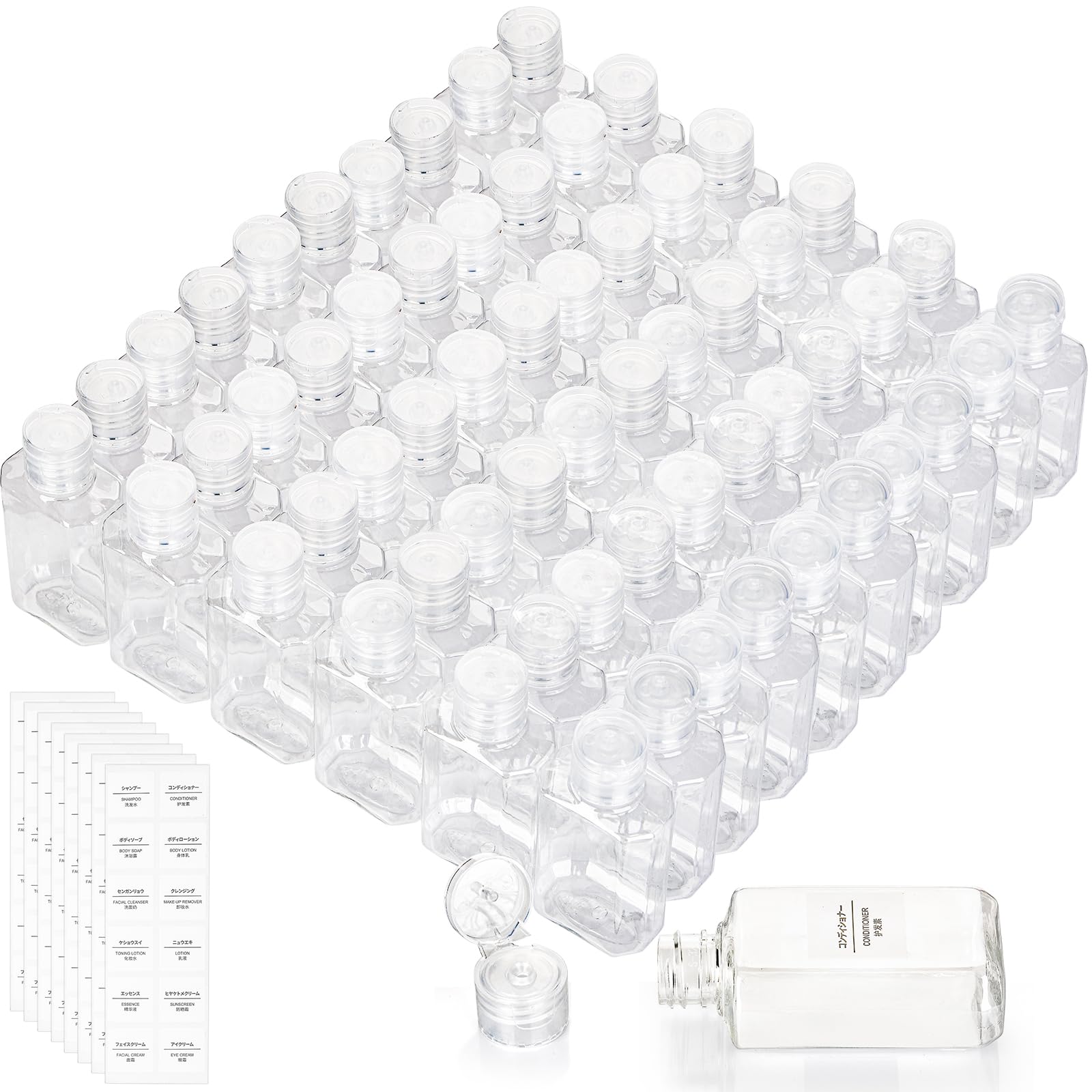 Pumtus 60 Pack Plastic Refillable Flip-Top Bottles, 2 Oz Clear Empty Travel Hand Sanitizer With Flip Cap, Portable Small Liquid