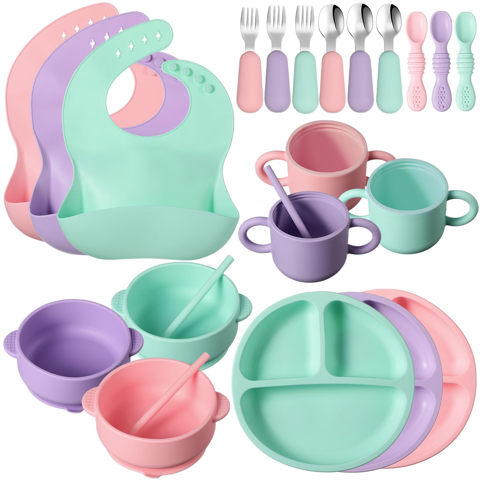 24 Pack Silicone Baby Feeding Set Baby LED Weaning Supplies Includes Suction Divided Plates Soft Bowl Spoons Forks Adjustable Bi