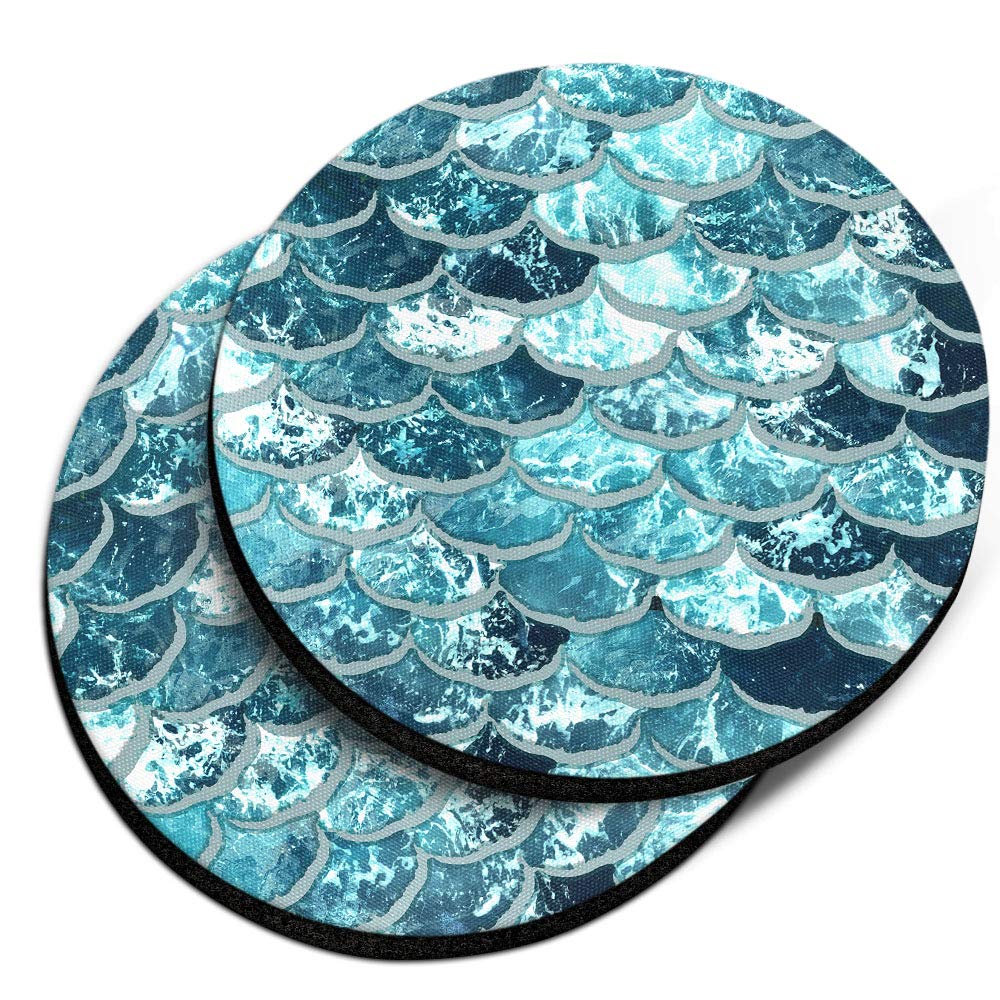 Caribou Coasters , Mermaid Scales Blue Wave Design Absorbent Round Fabric Felt Neoprene Car Coasters For Drinks, 2Pcs Set