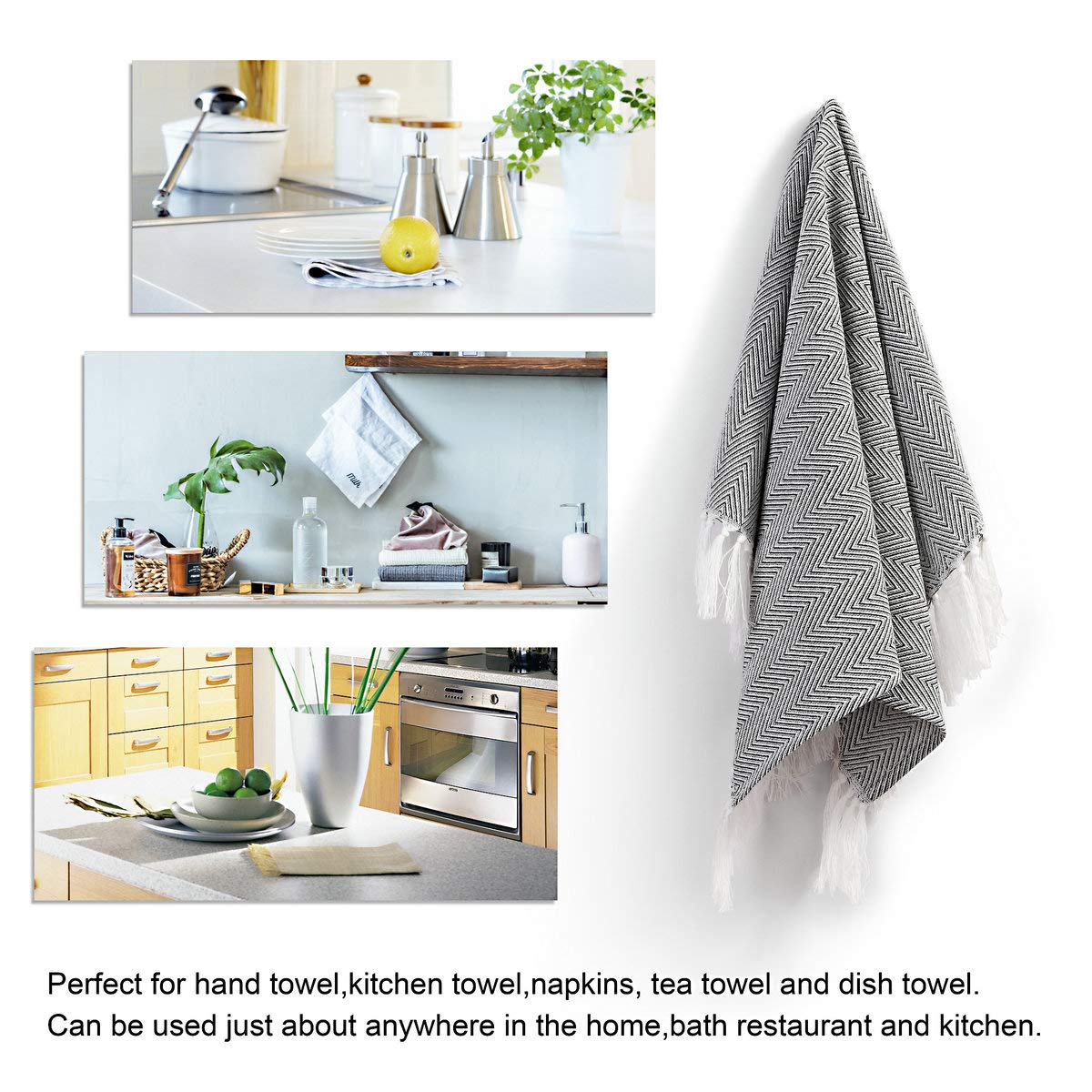 Mia 'sDream Tassels Cotton Bath Hand Towel Set Kitchen Tea Towel Dish Towels Set Napkin Washcloth 3 Pack 16inch X 24inch Black