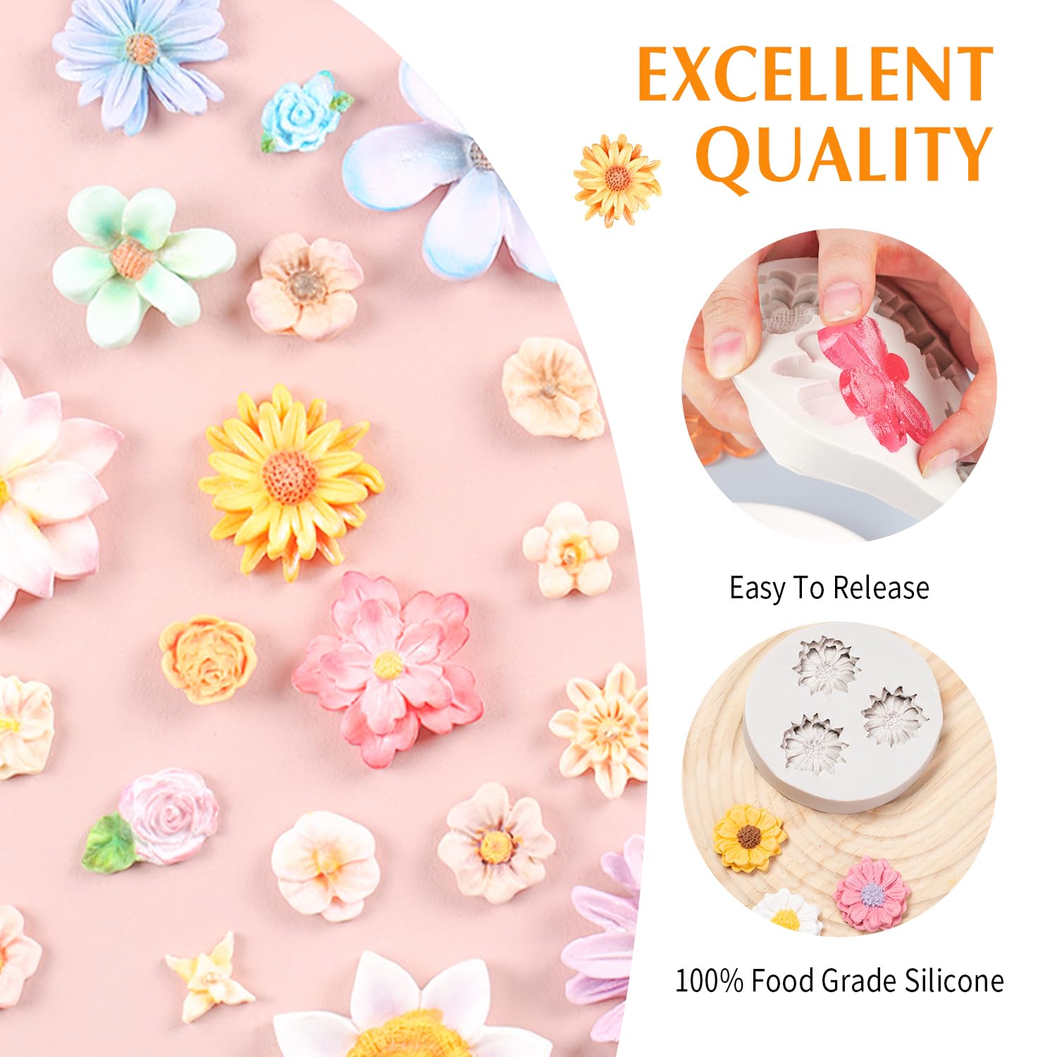 Kalaien 5 Pieces Flower Fondant Cake Molds Fondant Silicone Mold Daisy Flower,Rose Flower,Chrysanthemum Flower Candy Silicone Mo