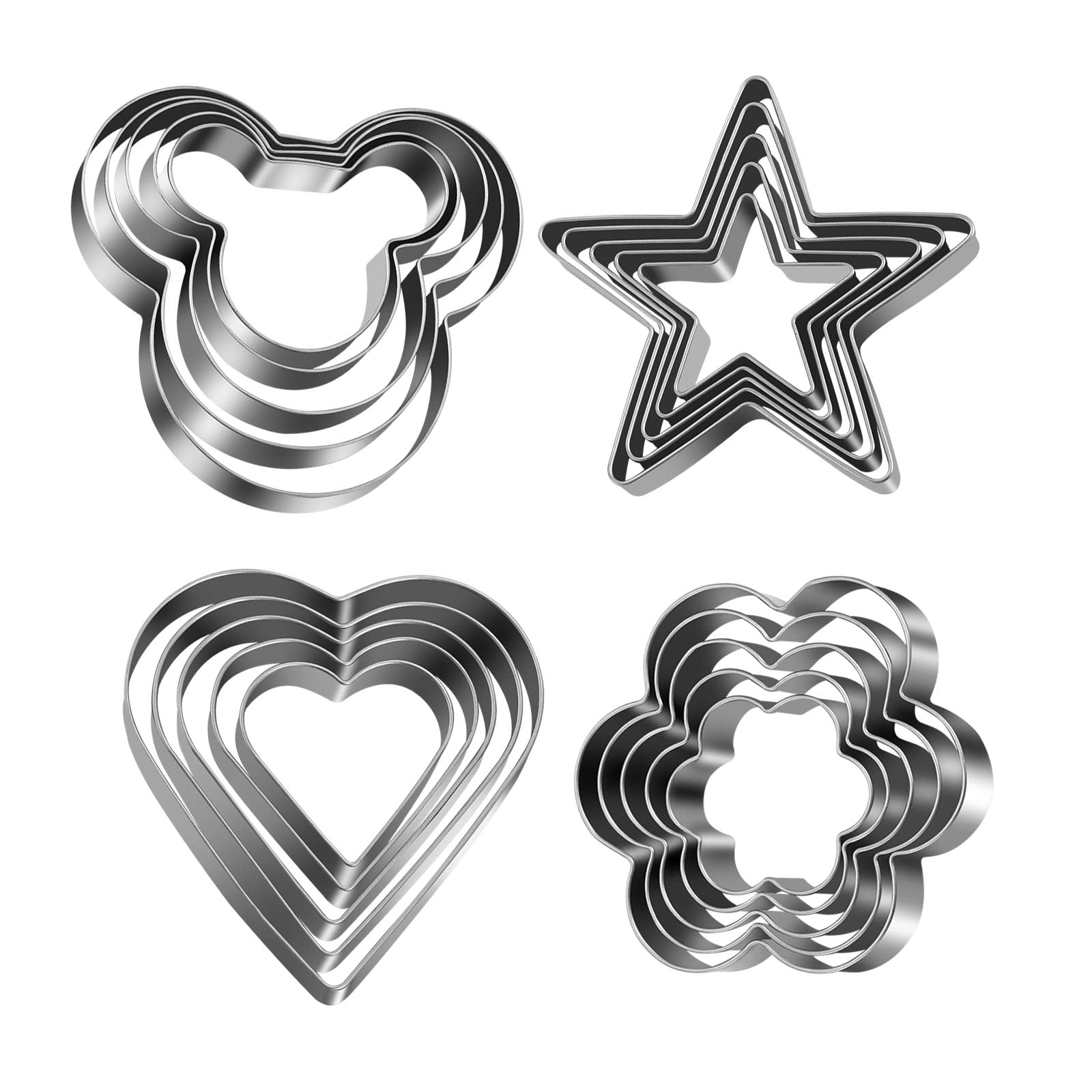 Tmflexe Mickey Love Heart Stars Flower Cookie Cutter, Pack of 5,Set of 4