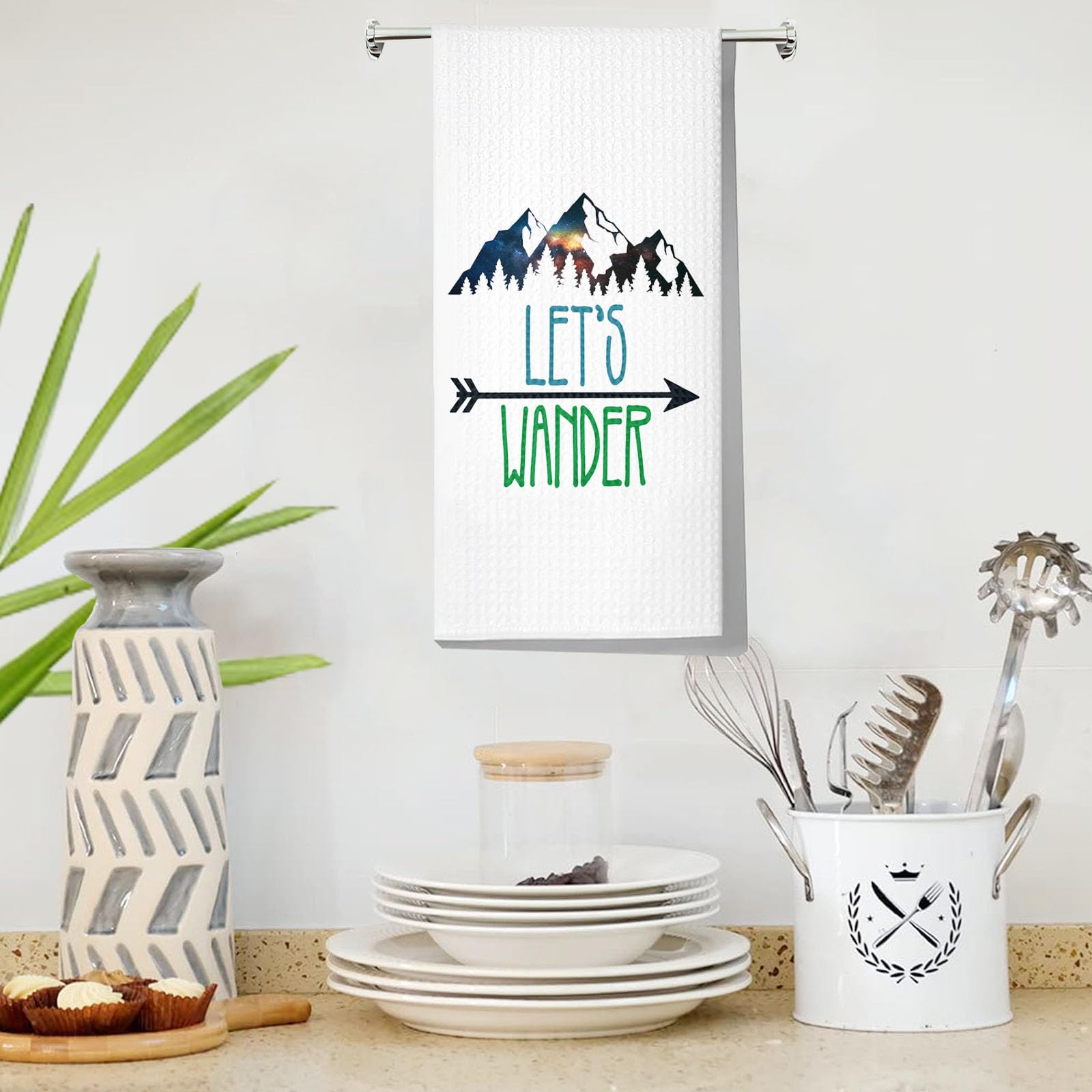 Levlo Camping Kitchen Towel Camping Life Gift Let'S Wander Camper Tea Towels Housewarming Gift Waffle Weave Kitchen Decor Dish T