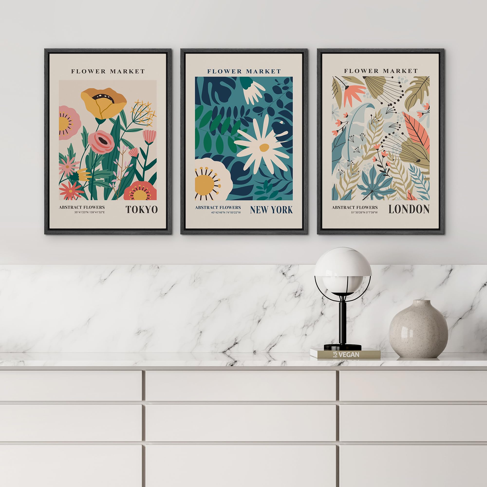 Wall26 Framed Canvas Print Wall Art Set Colorful Flower Market Exhibition Prints Nature Wilderness Illustrations Modern Art Deco