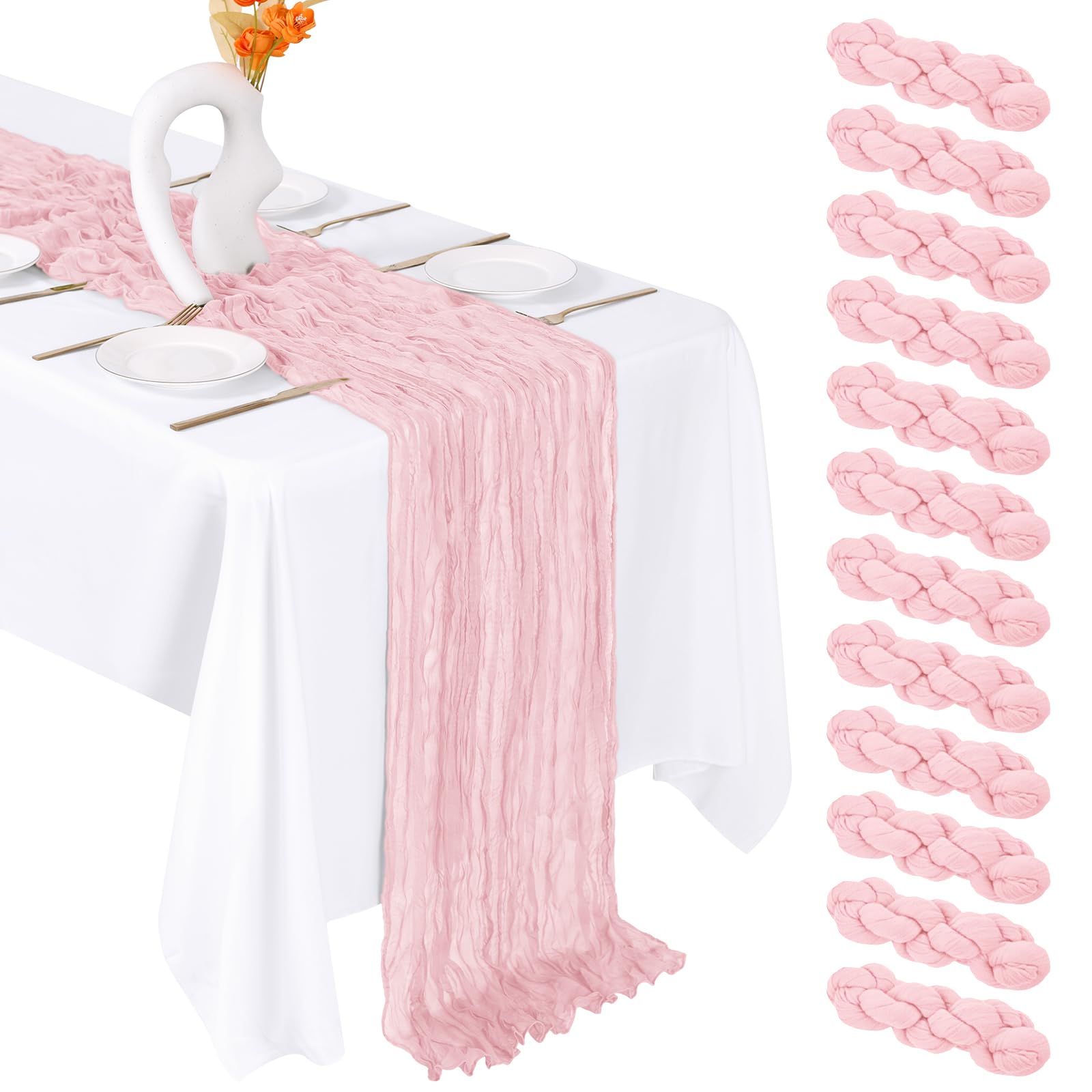 FANTEKE 12 Pack Light Pink Cheesecloth Table Runner 20 x 120 Inch Gauze Table Runner Fabric Semi Sheer Cheese Cloth Table Decor 