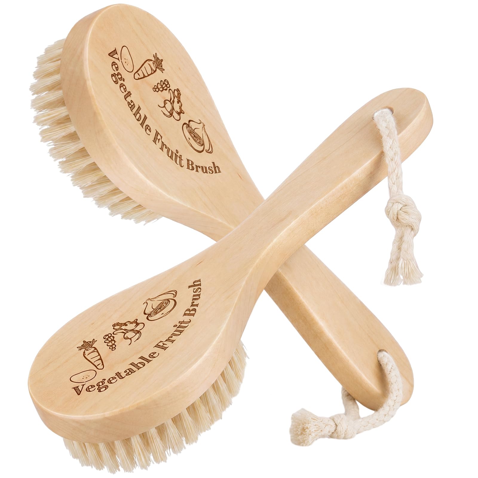 Wooden Vegetable Brush Handle, Fruit Scrubber, 2 Pcs, Solid Color