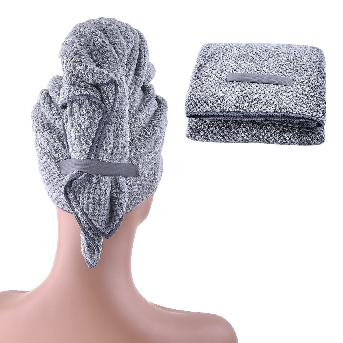 WKJHO Large Hair Towel Wrap for Women Bath Towel,Plush Absorbent Microfiber Hair Towels with Elastic Strap,Super Soft Hair Dryin