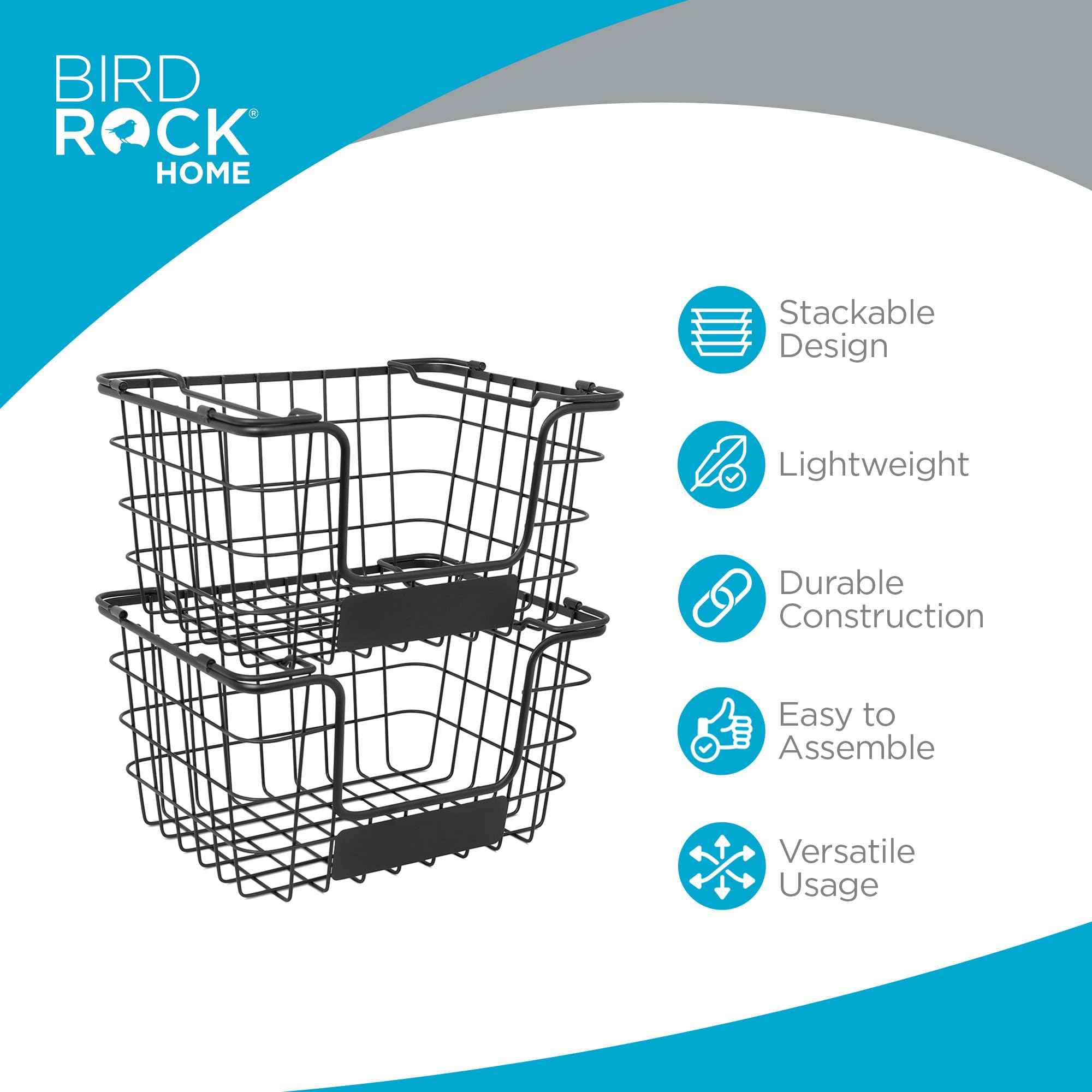 Birdrock Home Stacking Wire Market Basket W/Chalk Label - Metal Storage Bin - Kitchen Counter, Pantry Cabinet, Shelves | Fruit,