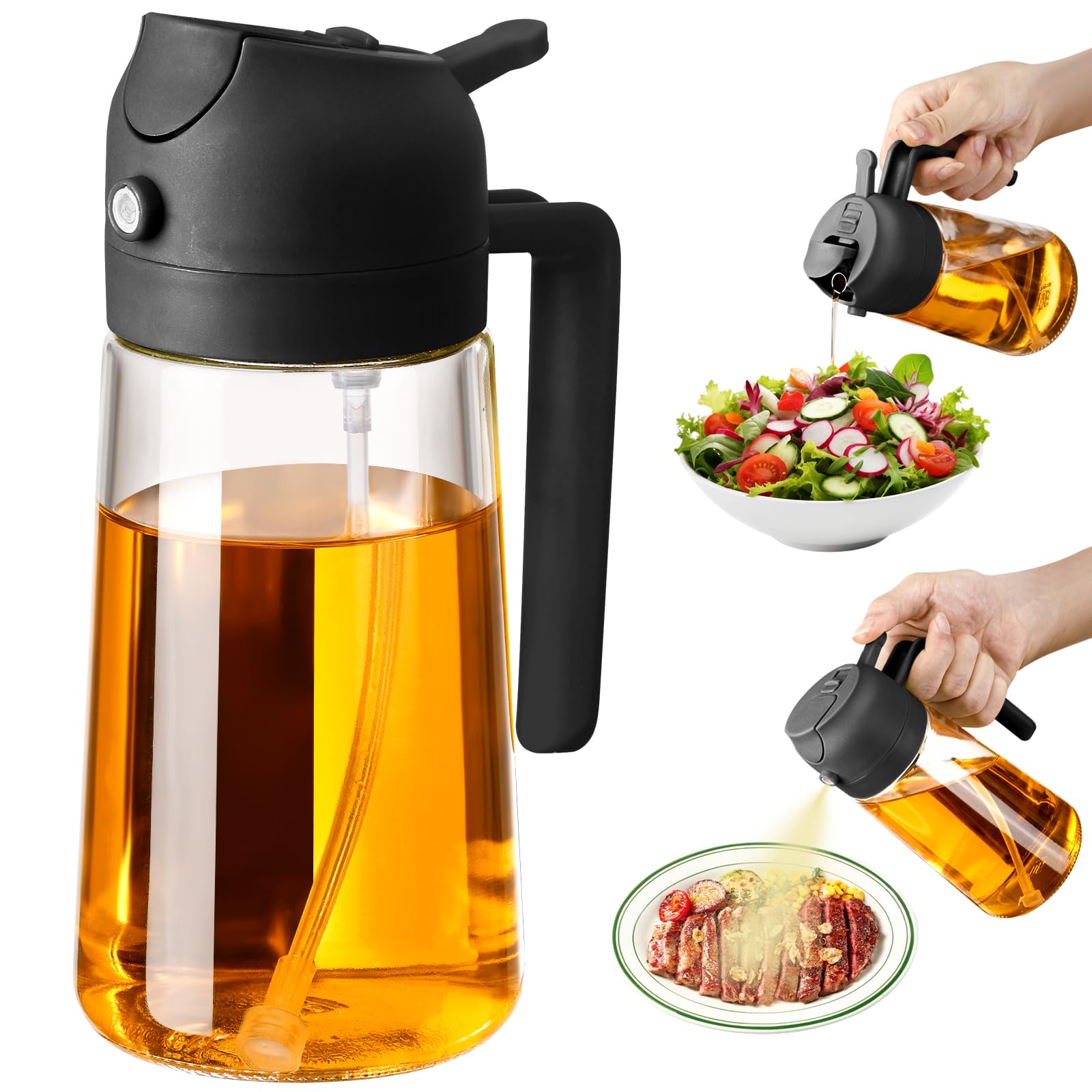 SWEET VIEW Olive Oil Sprayer for Cooking, 470ml 2 In 1 Glass Oil Dispenser/Pour Bottle, Kitchen Accessories, Kitchen Gadgets for