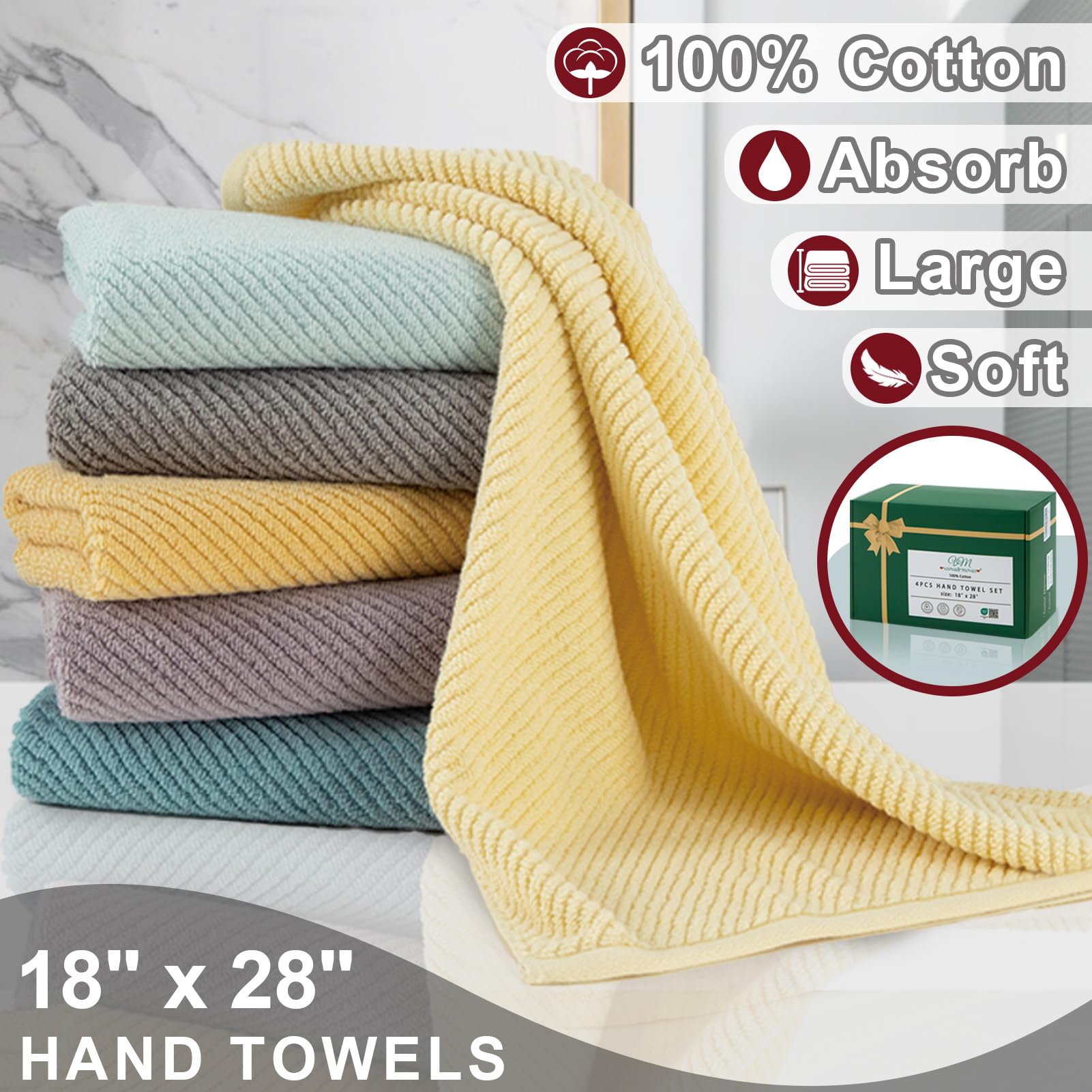 Voova & Movas Hand Towels For Bathroom Set Of 4, Large 18'' X 28'' - 100% Cotton | Lightweight | Thick | Quick Dry | Soft | Abso