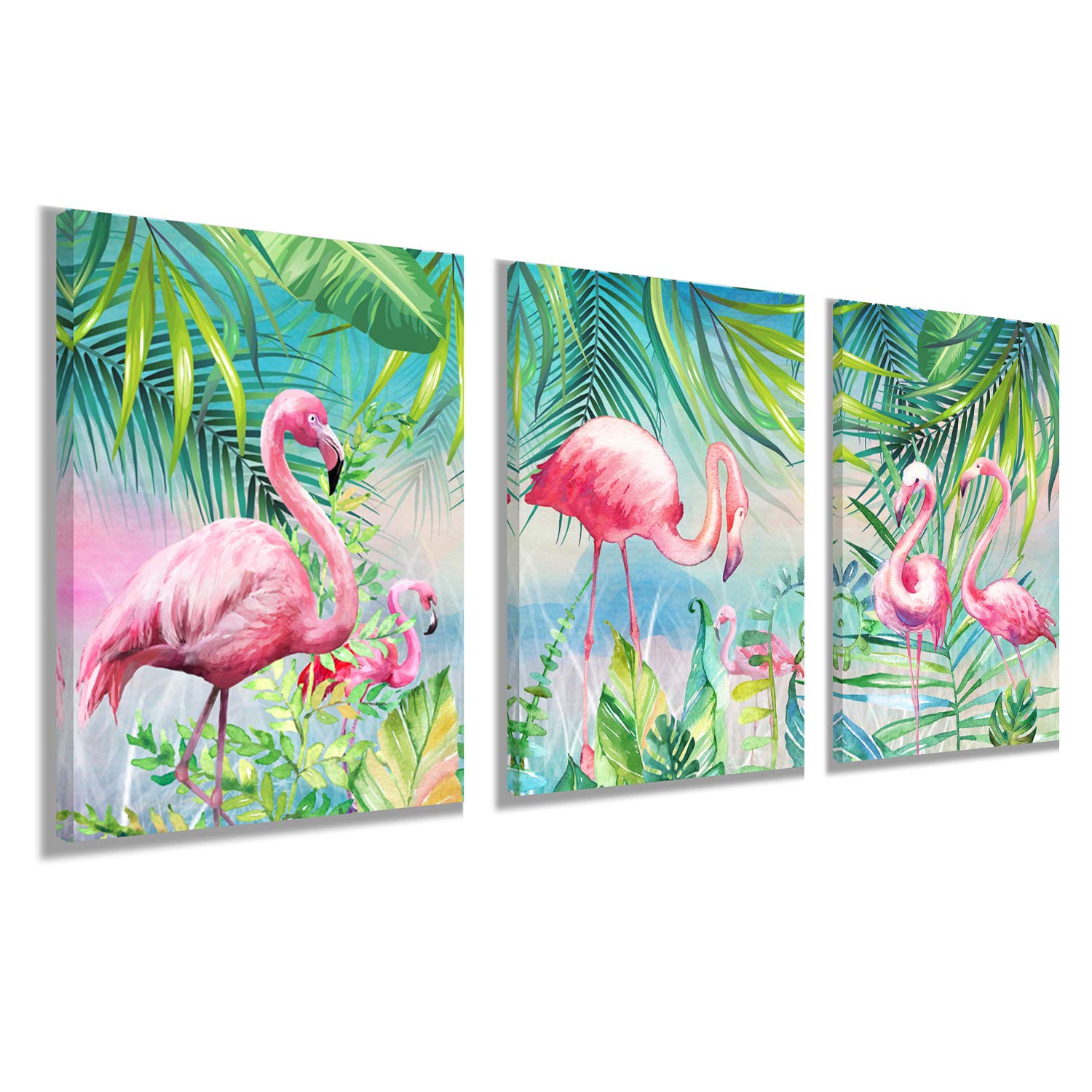 Yuanand Flamingo Wall Decor Animal Pictures - Palm Green Tropical Plant For Kids Girls Room Decor - Framed Posters Paintings Bed