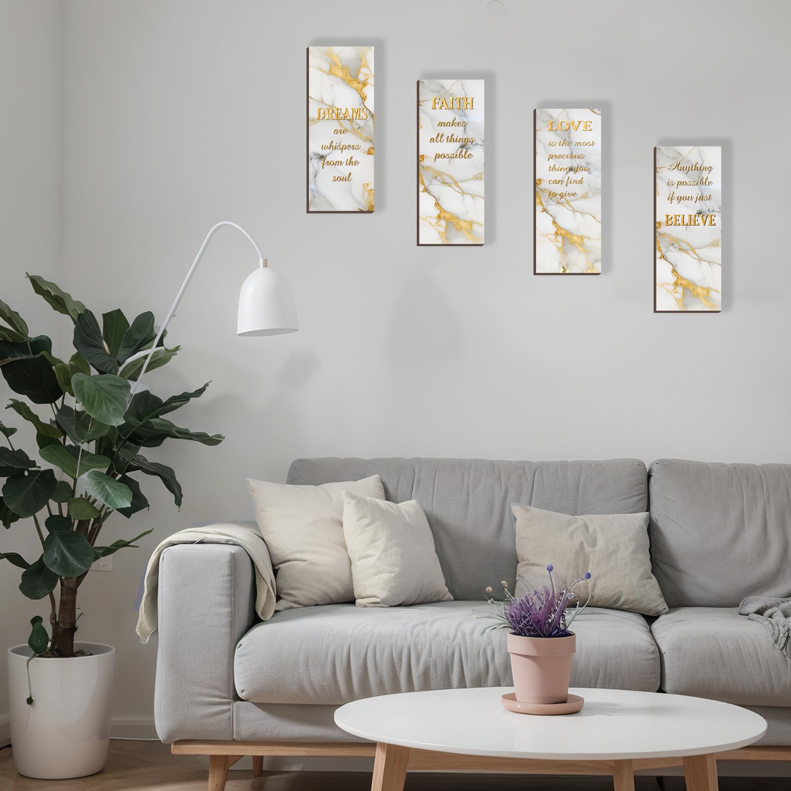 ONIZHITY 4 Pcs White and Gold Bathroom Decor Gold Wall Decor with Dreams Faith Love Believe Wooden Rustic Marble Style Versatile