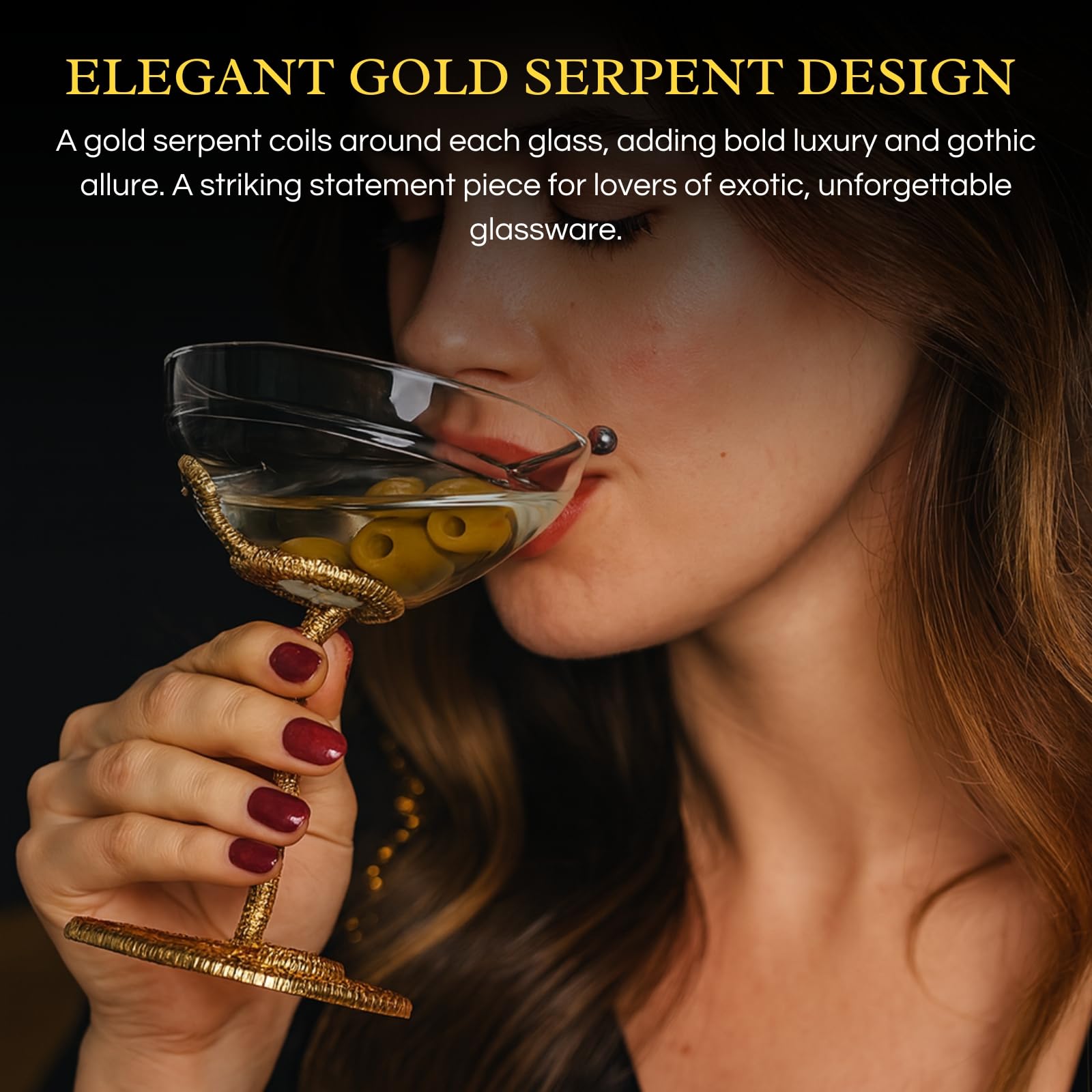 Snake Serpent Cocktail Glasses - 2 Set Gold Design Unique Reptile Inspired Barware