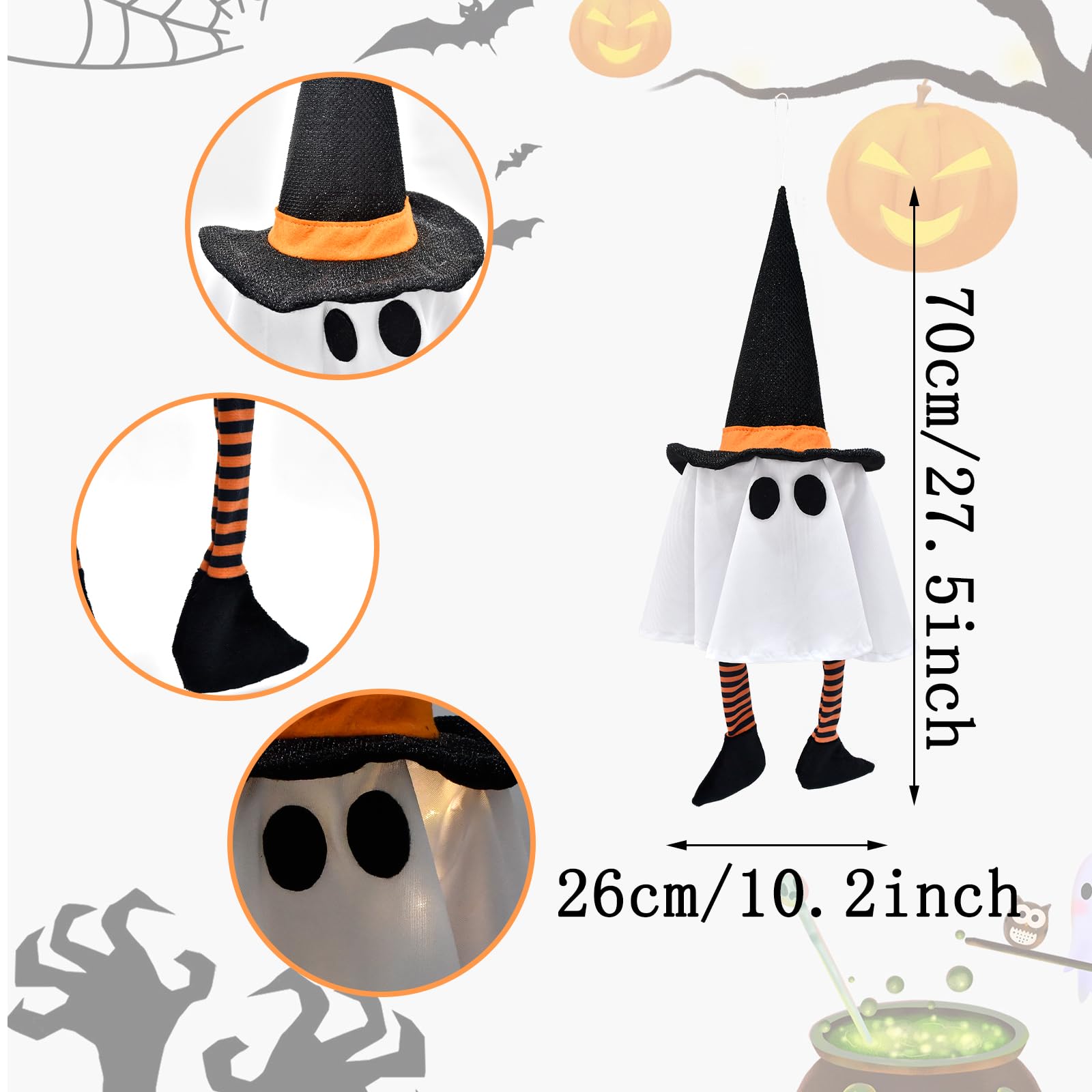 3 Pack Halloween Hanging Ghost Lights with Glitter Hats, Battery Powered Halloween Decorations Outdoor Indoor, LED Floating Ghos