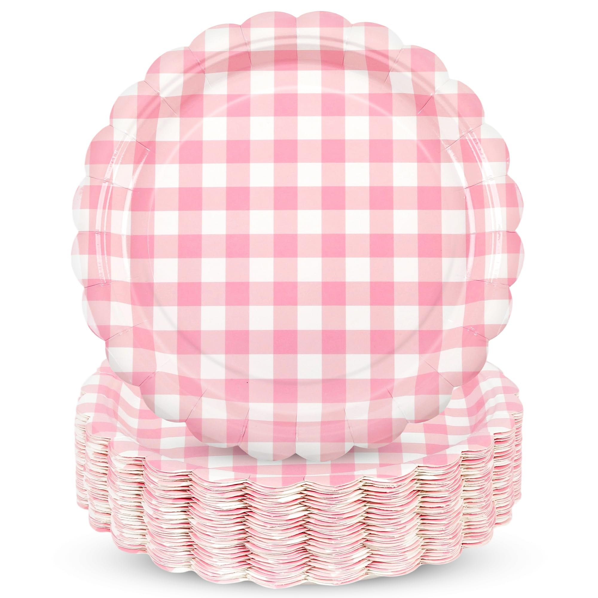 Houuqe 48 Pcs Pink Scalloped Paper Plates - 7Inch Gingham Paper Plates Blue and White Checkered Party Plate Disposable Plaid Dec