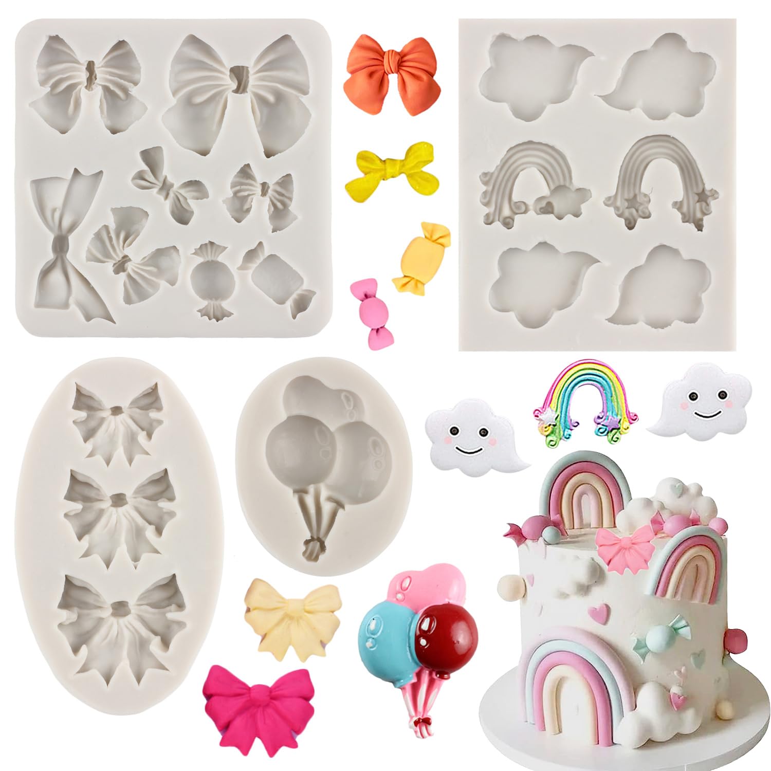 Mypracs Bows Silicone Mold Rainbow Cloud Fondant Mold Balloon Candy Molds For Sugar Cake Decoration Cupcake Topper Chocolate Pol