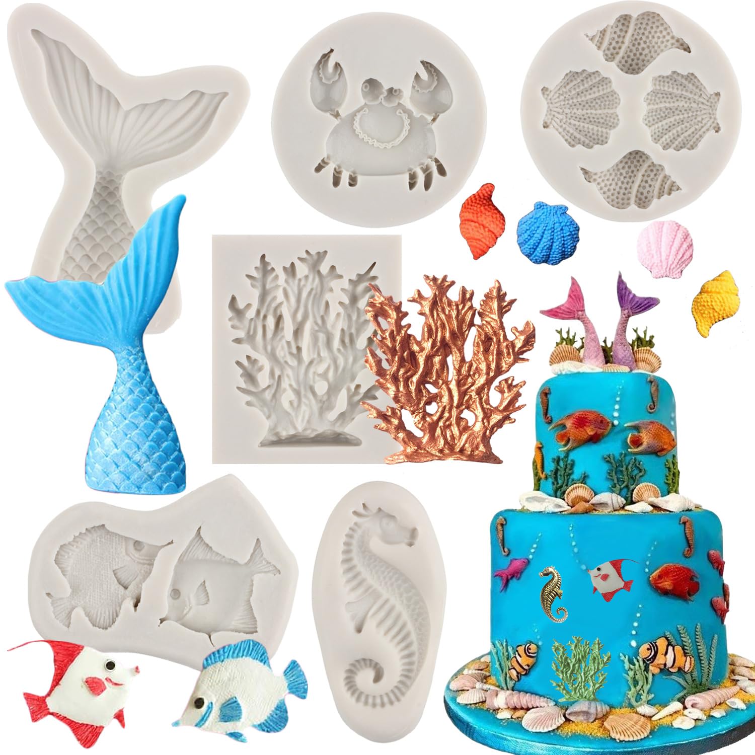 Mypracs Marine Theme Fondant Silicone Mold Seashell Conch Mermaid Tail Seahorse Crab Coral Fish Baking Silicone Molds For Cake D
