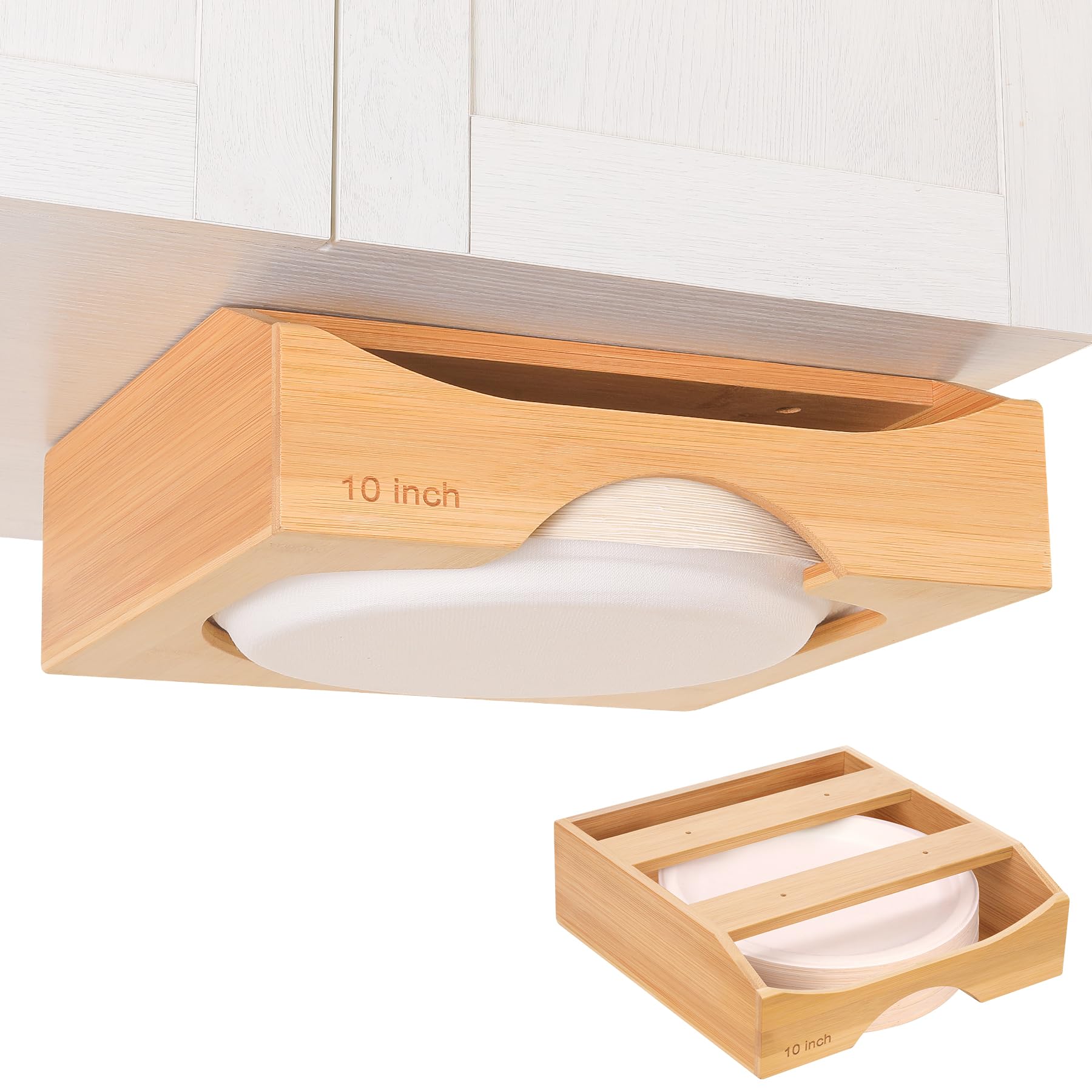 10-inch Paper Plate Dispenser Under Cabinet, Bamboo Paper Plate Holders, Kitchen Counter Vertical Plate Dispensers Holders Count