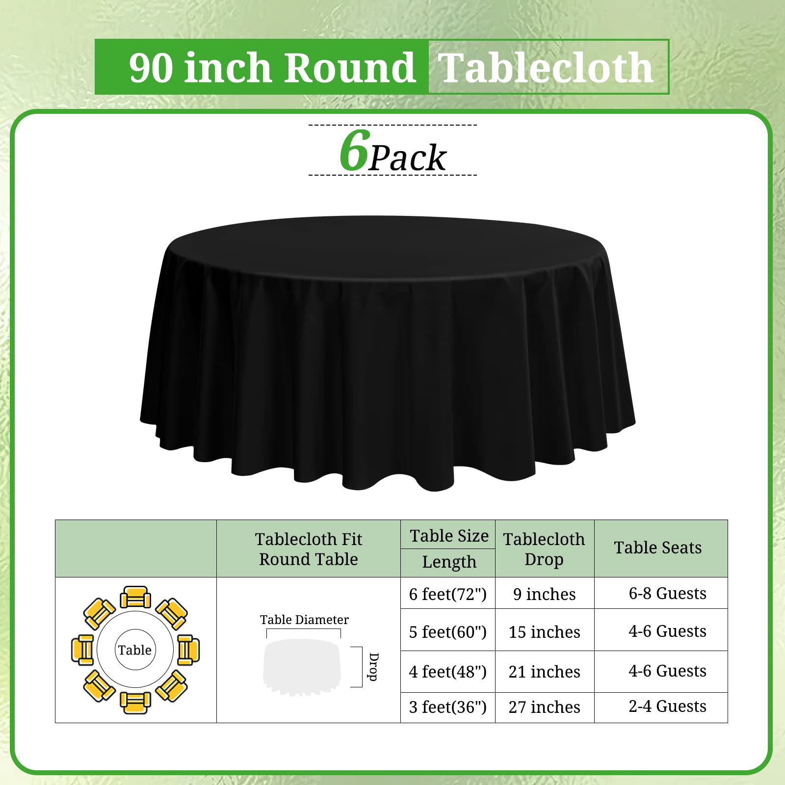 Rewomc 6 Pack Round Tablecloths - 90 Inch, Black Polyester Table Cover For Round Table, Stain And Wrinkle Resistant Washable Fab