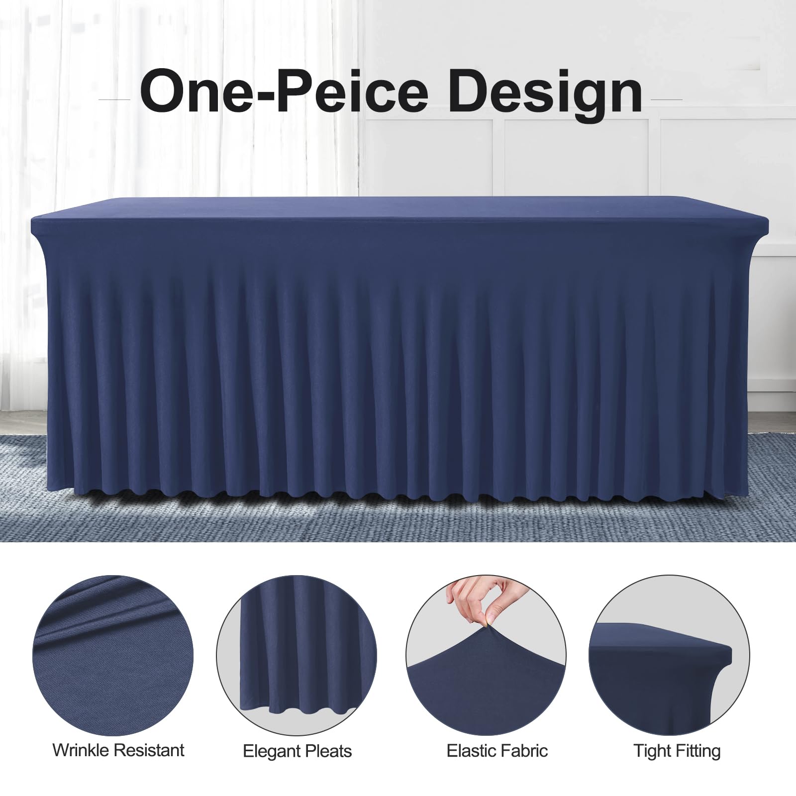 Bddc Table Skirts For Rectangle Tables 8Ft - One-Piece Navy Blue Table Covers For 8 Foot Tables, Wrinkle Resistant Ruffles Elast