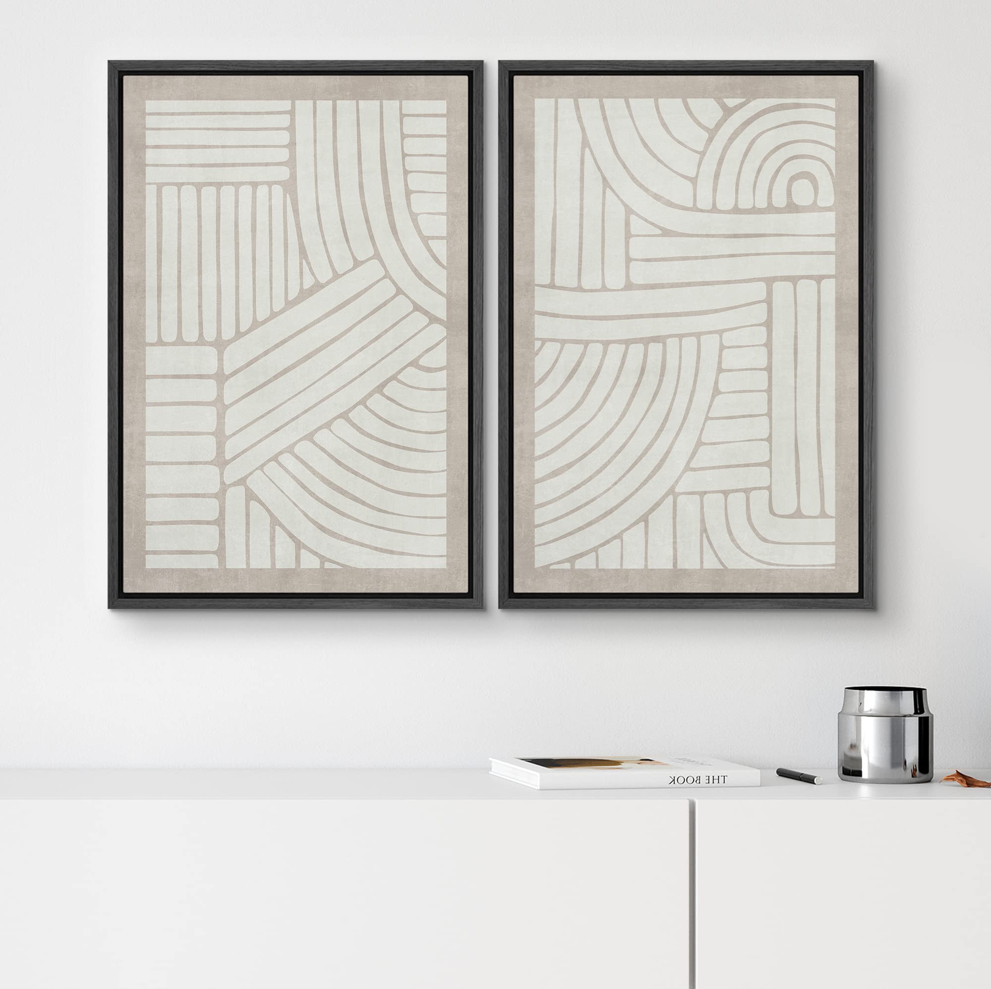 SIGNWIN Framed Canvas Print Wall Art Set Grunge Tribal Pattern Landscape Abstract Shapes Cozy Neutral Minimal Decorative Nordic Zen Bohemian for Living Room  Bedroom  Office - 16''x24''x2 Black