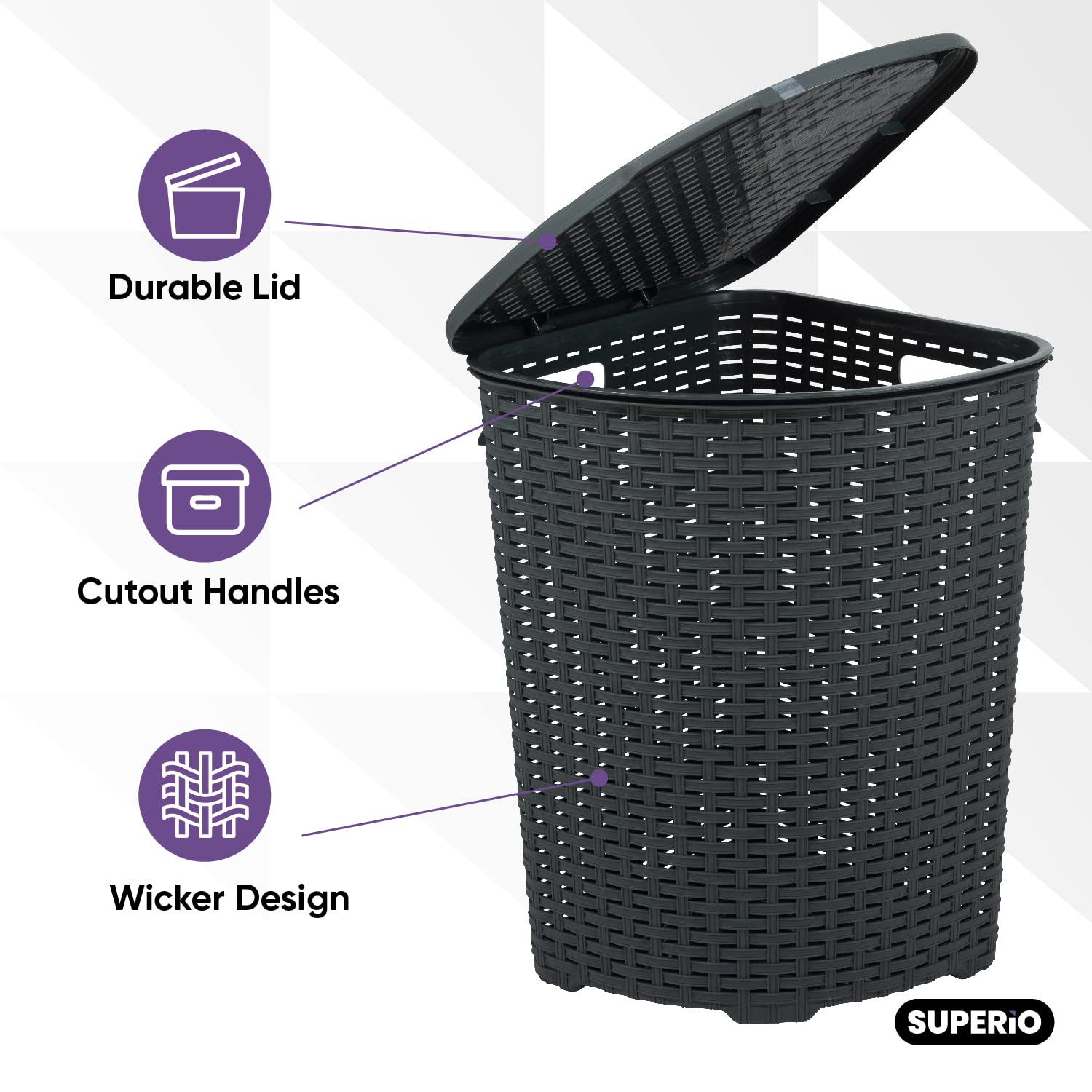 Superio Corner Laundry Hamper Basket With Lid 50 Liter - Grey Wicker Hamper - Durable, Lightweight Bin With Cutout Handles, Stor