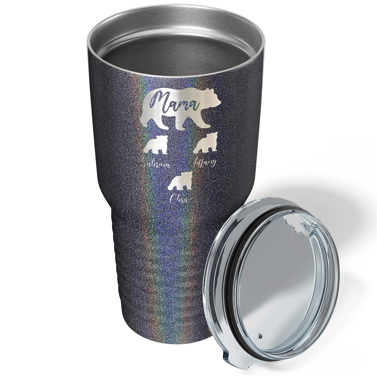 Mama Bear Tumbler Personalized Engraved Cubs On Black Glitter 30 Oz Custom Birthday Gift For Women, Mom And Mother Insulated Sta