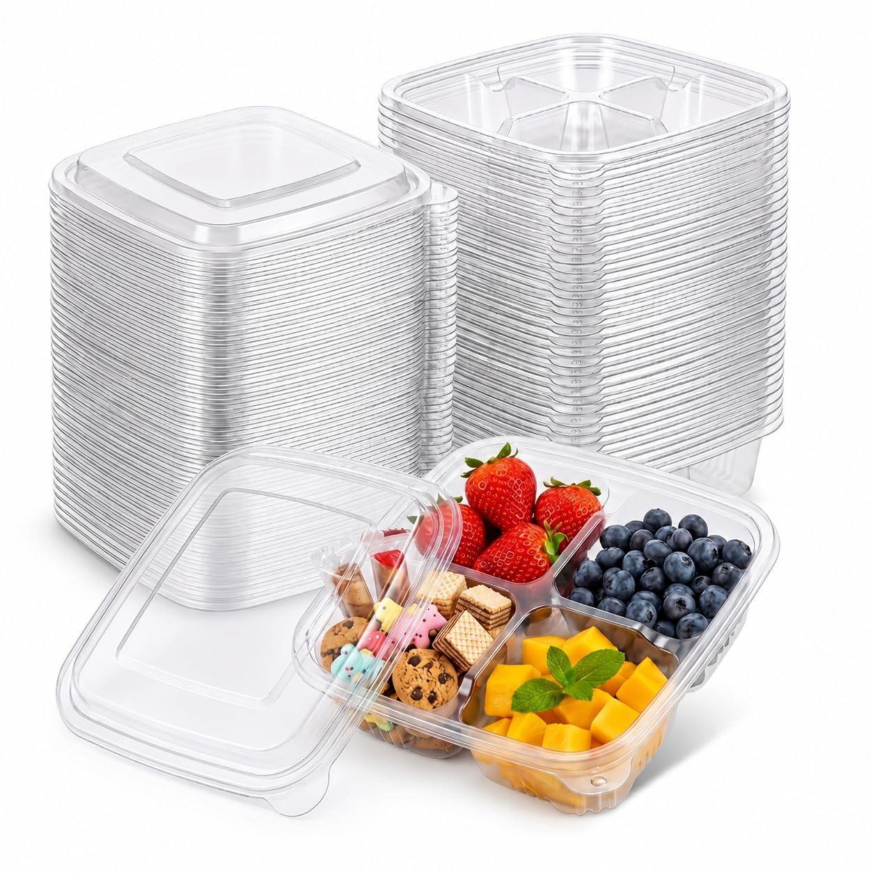 WTXHOP 50 Pcs Snack Containers, 4 Compartment Bento Box with Lids, Plastic Food Storage Containers for Work Travel Camping(Clear
