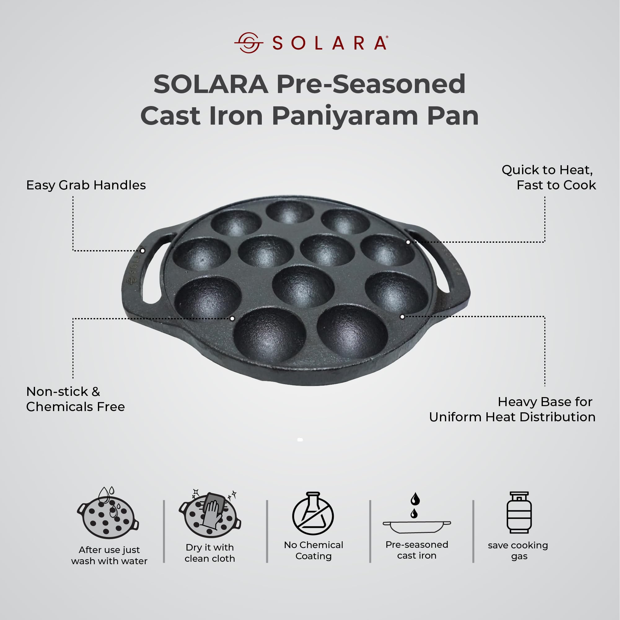 SOLARA Pre Seasoned Cast Iron Paniyaram Pan 12 Cavities 8 Inch, 20 cm Appam Patra, Paniyarakkal Pan for Appe, Gunta Ponganalu, P