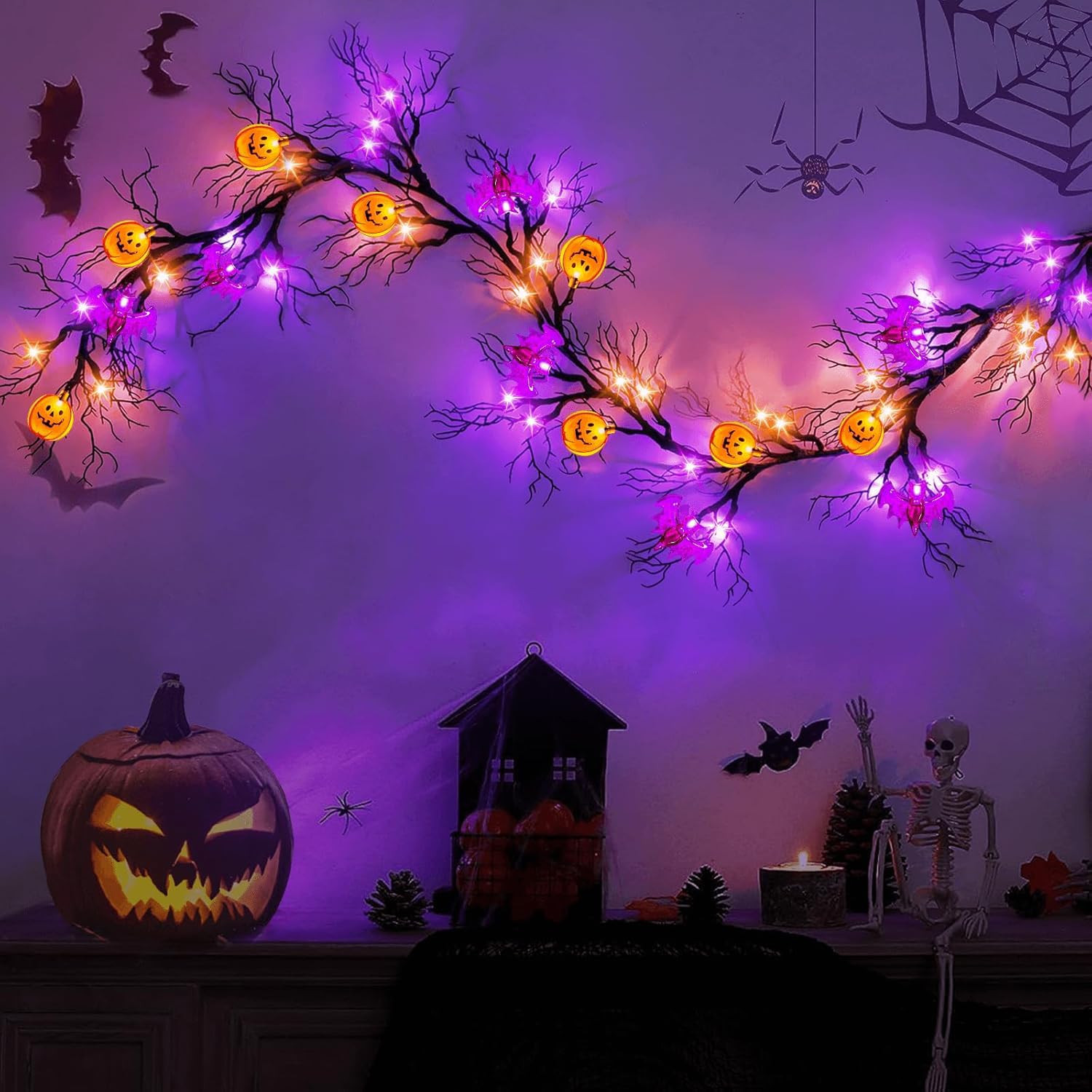 [ 8 Modes & Timer ] 6 Ft 45 LED Halloween Willow Vine Twig Garland Decorations, 8 Bat & Pumpkin Lights, Halloween Garland with W