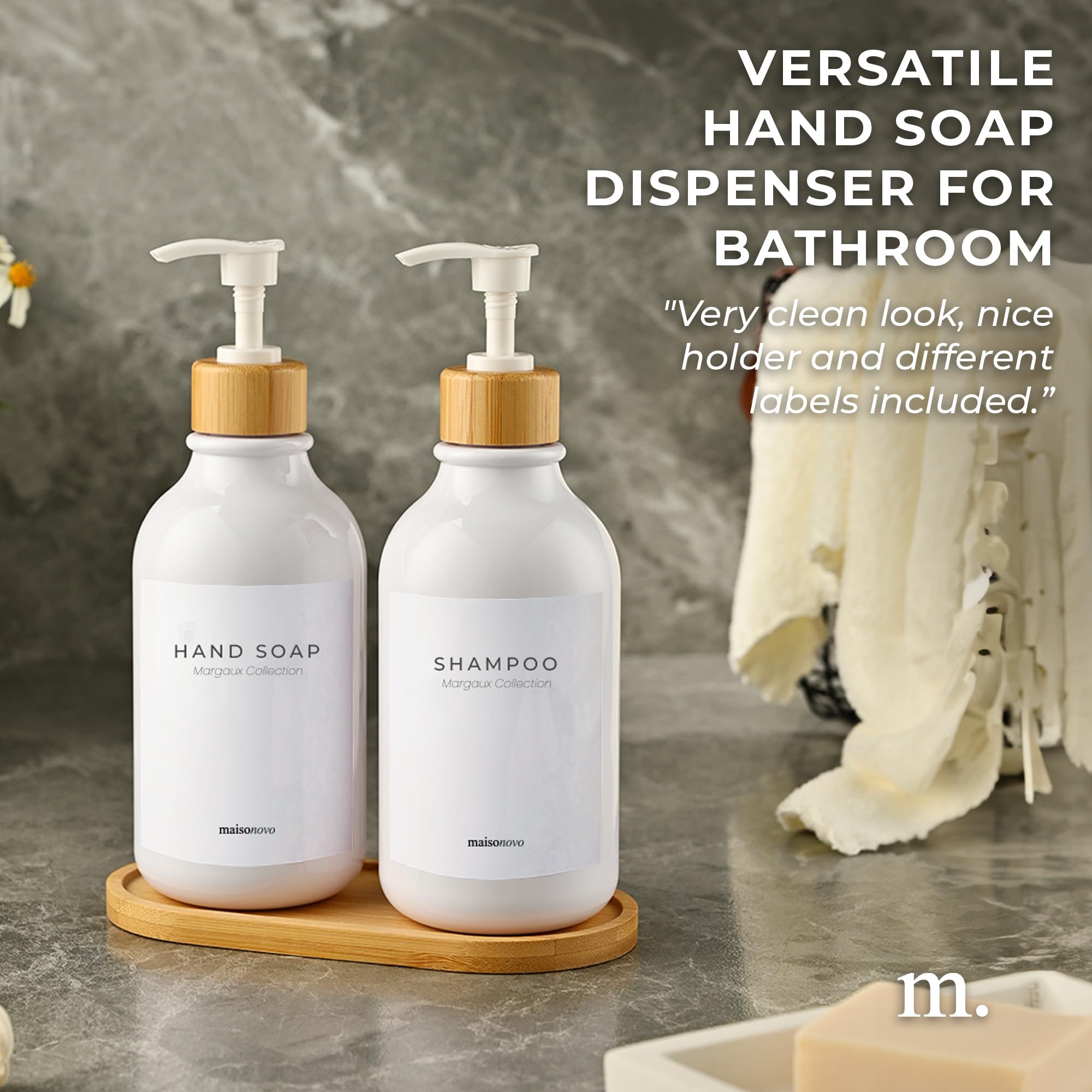 Maisonovo Kitchen Soap Dispenser Set - Plastic Soap Dispenser With Pump - White Bamboo White Pump 16.9 Fl Oz - Bathroom Soap Dis