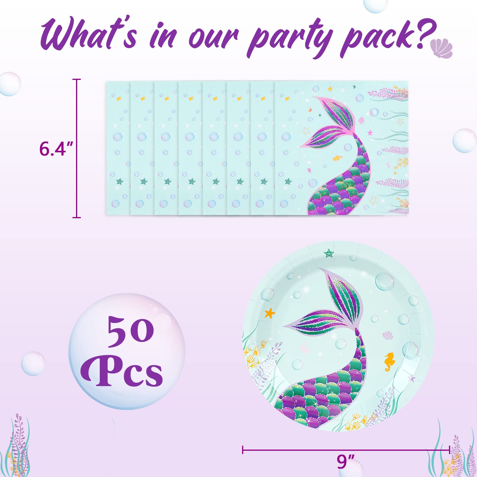 Wernnsai Mermaid Plates And Napkins Set - Serves 48 Guests Mermaid Party Supplies Disposable Paper Dinner Tableware For Birthday
