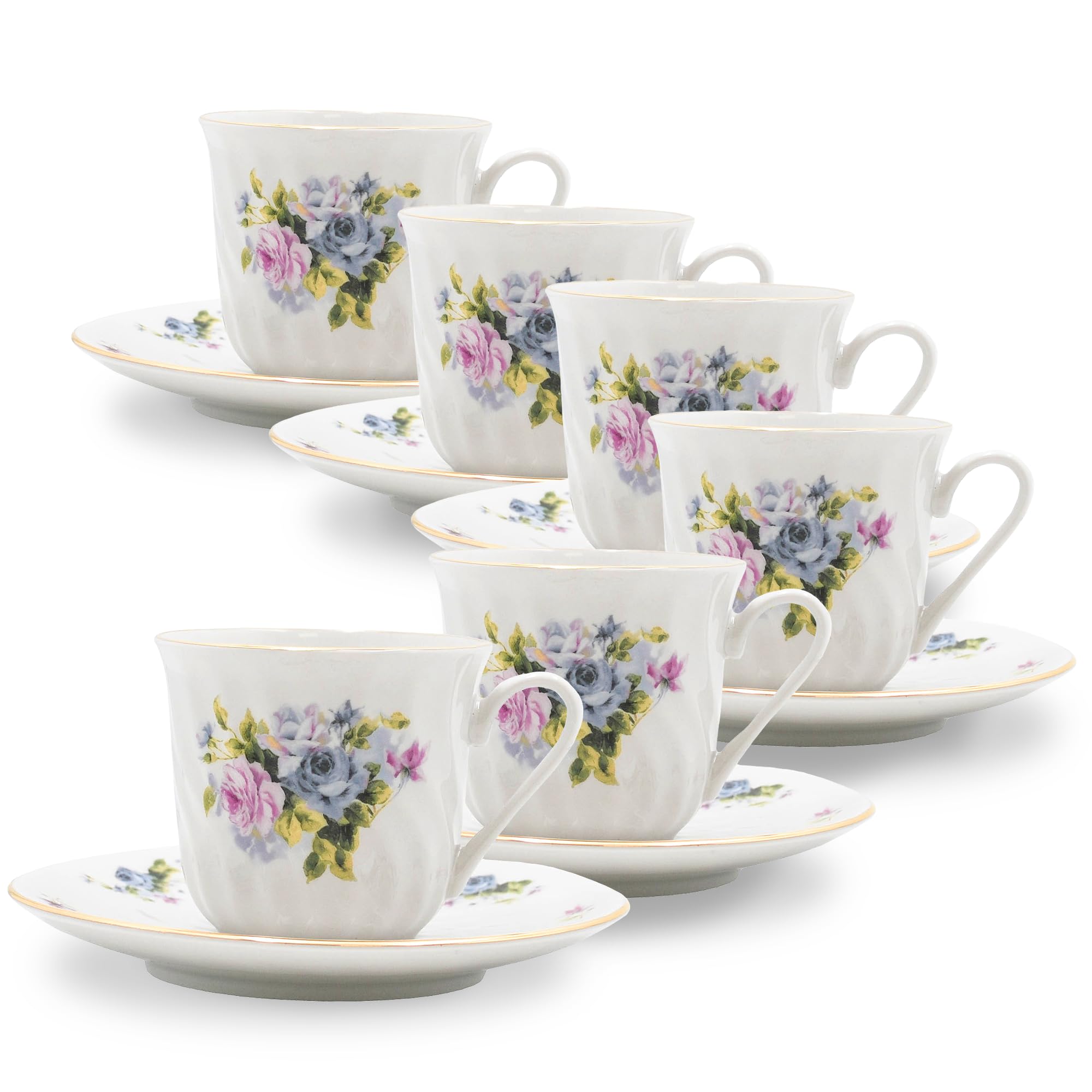 Porcelain Vintage Floral Saucer & Tea Cup Set With Gold Trims & Embossed Swirls - Tea Cups And Saucers For Parties & Celebration