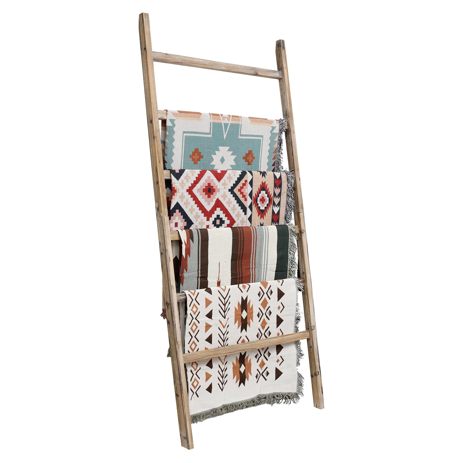 Fuin Extra Wide 6.4Ft Wooden Blanket Ladder Living Room Decorative Wal Leaning Farmhouse Quilt Display Holder Rustic Wood Towel