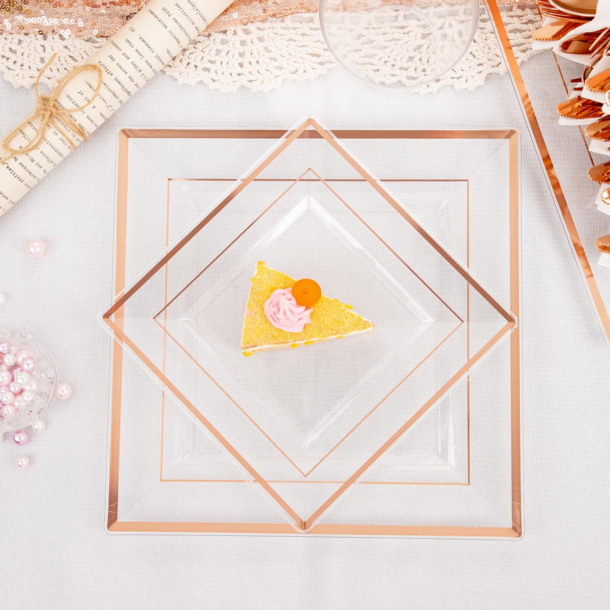 Dayammi 175 Pcs Rose Gold Plastic Plates, Rose Gold Plastic Dinnerware Sets Includes: 25 Dinner Plates, 25 Salad Plates, 25 Pre