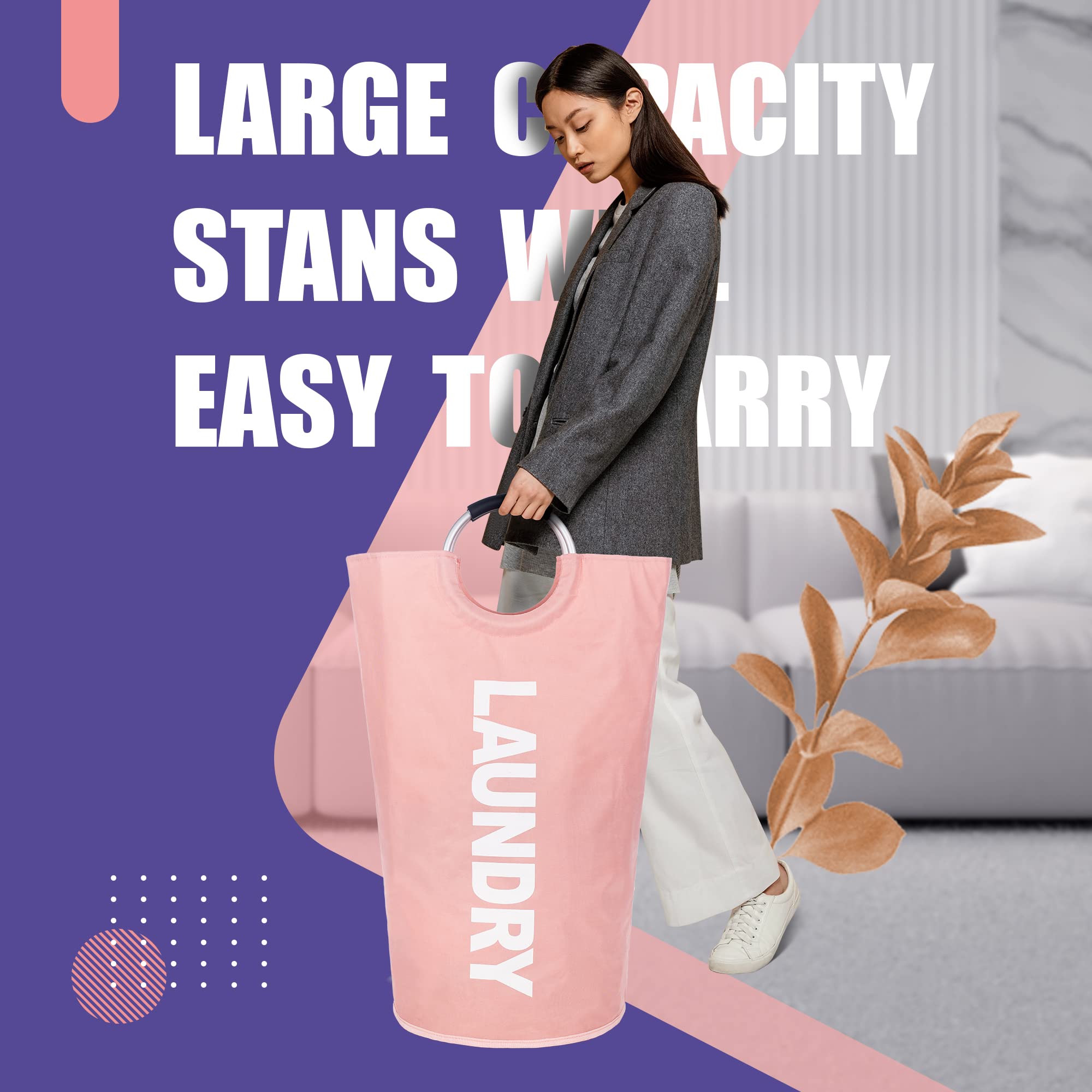 Caroeas 95L Pro Large Laundry Basket (13 Colors)  Waterproof Laundry Hamper  Laundry Bag with Padded Handles  Clothes Hamper Stands Up Well  Collapsible Laundry Basket Easy Storage (Pink)