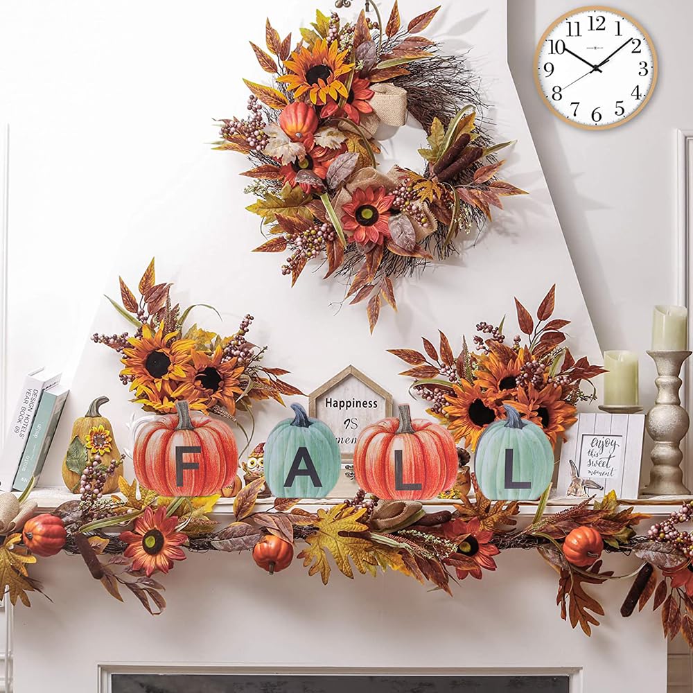 Fall Decorations for Home & Halloween Decorations Indoor, DECSPAS Double-sided Pumpkin Wood Sign with Fall & BOO Lettered, Autum