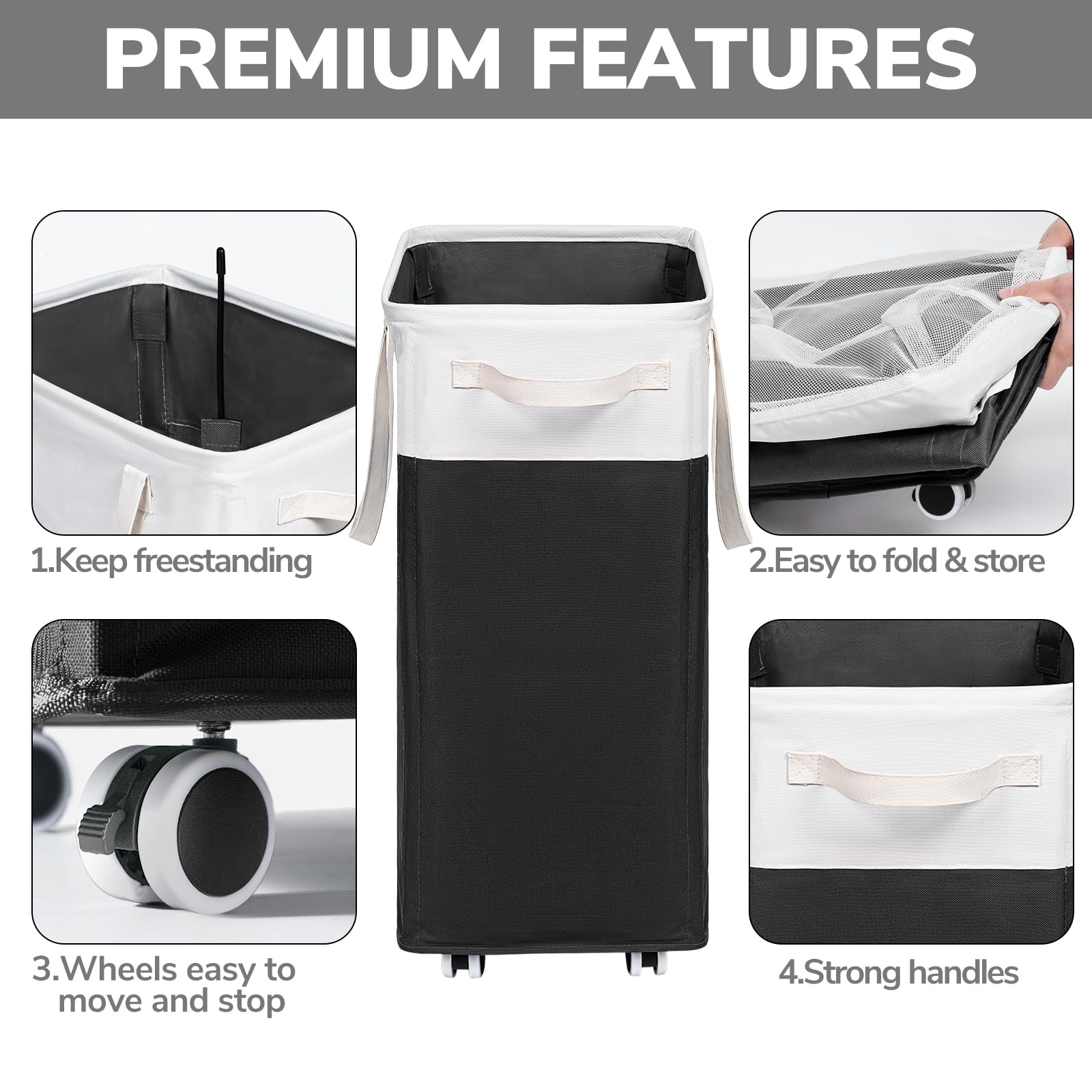 Goodpick Hamper With Wheels 75L 2-Pack, Tall Laundry Basket With Removable Wash Bags, Rolling Black Laundry Hamper For Corner Do
