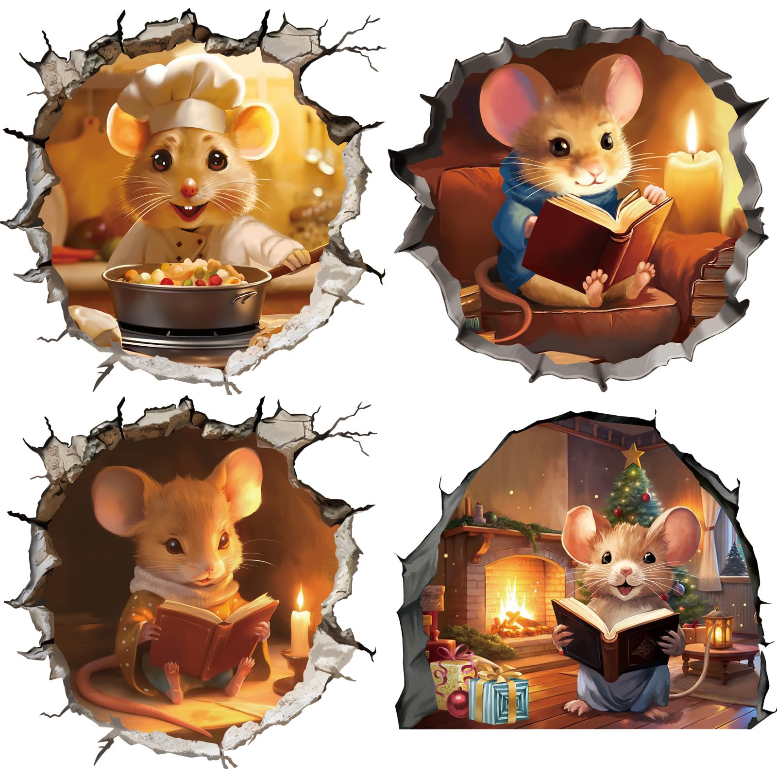 fufuquare 3D Cartoon Mouse Hole Wall Decals Peel and Stick, 4 Designs Chef Mice Read Rat Mouse in a Hole Wall Stickers for Study