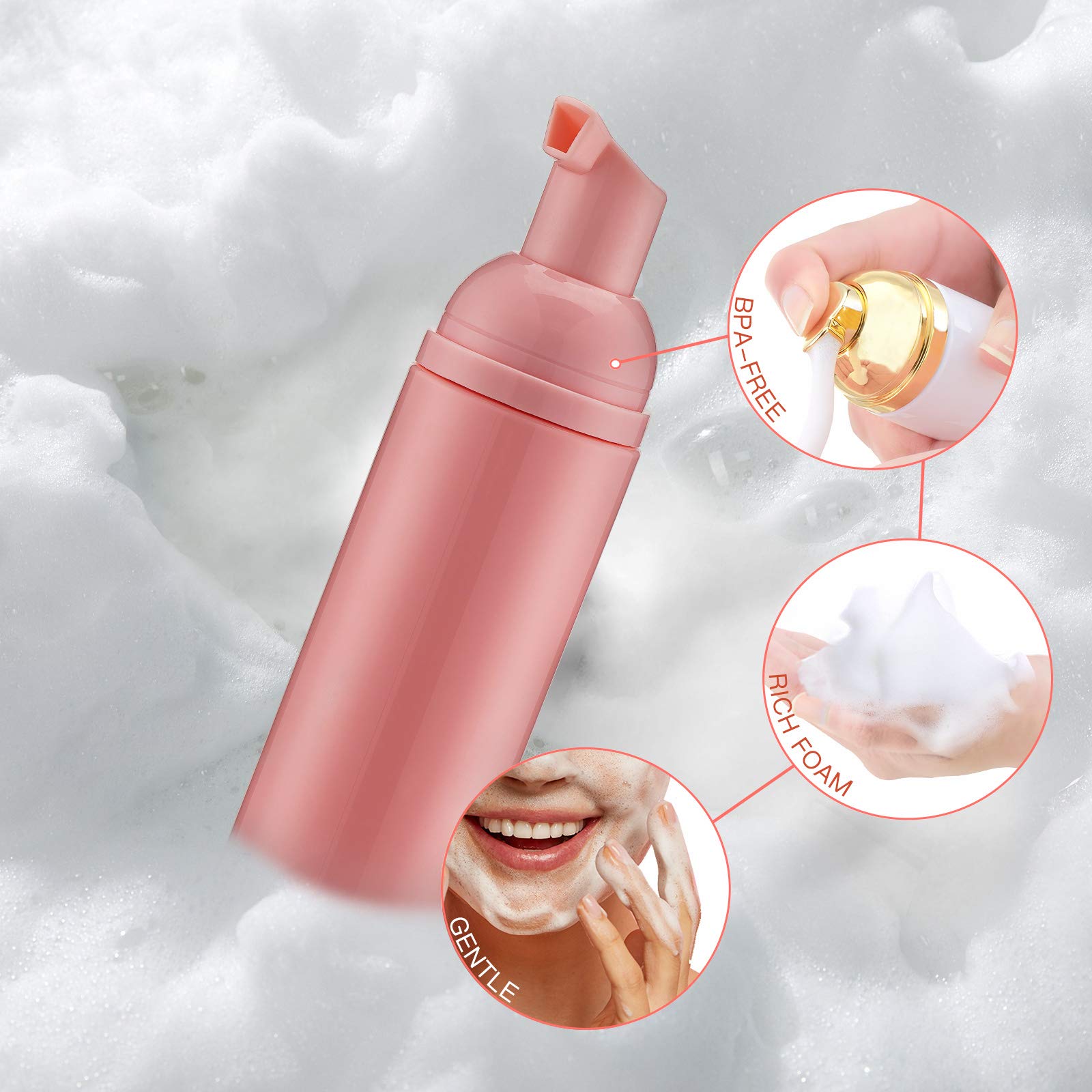 Tekson 3 Pcs Soap Foam Bottle (2 Oz), Empty Travel Foaming Lash Shampoo For Cleanser, Dispenser (Black&White&Pink Pump)