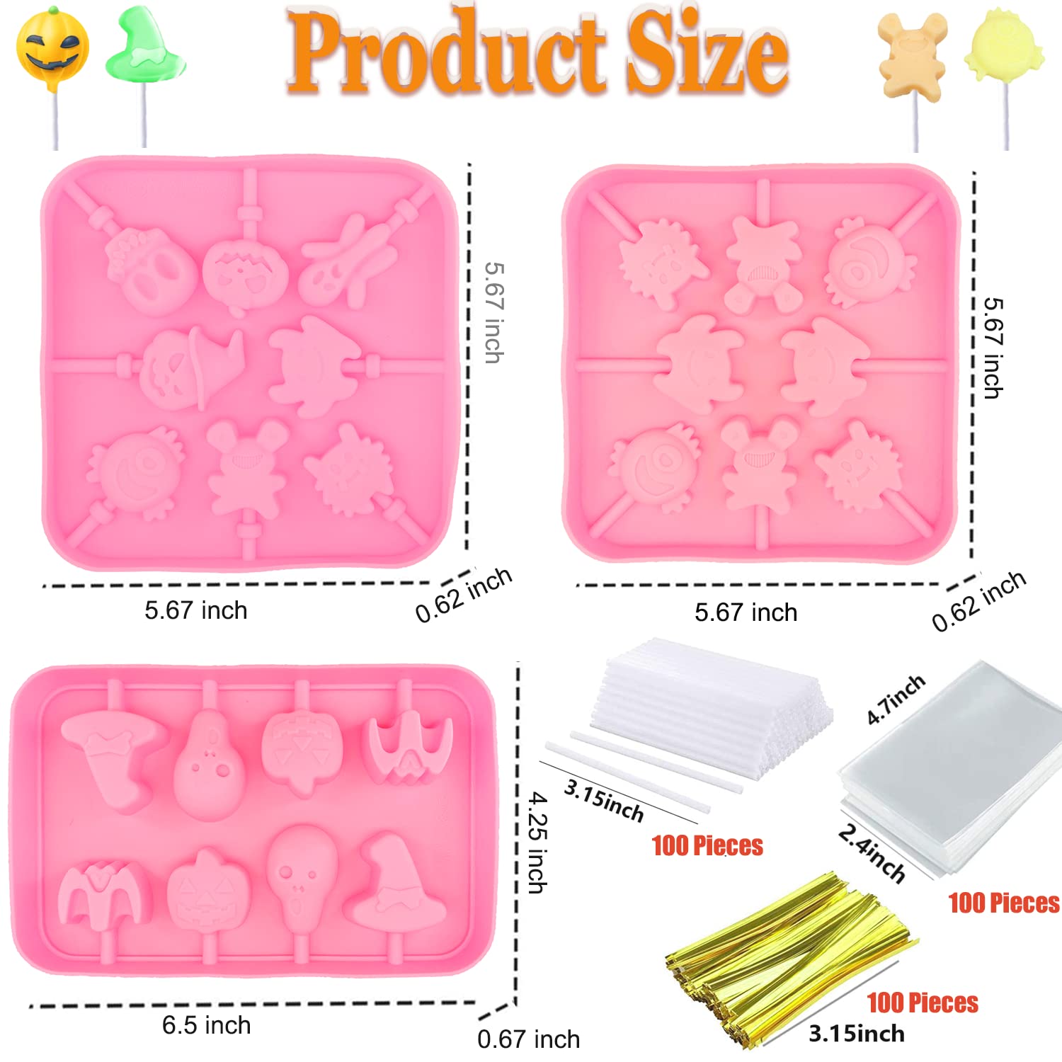 303Pcs Halloween Lollipop Molds Set Halloween Candy Mold Pumpkin Evil Skull Ghost Silicone Molds Lolly Pop Tray Sucker Molds Har