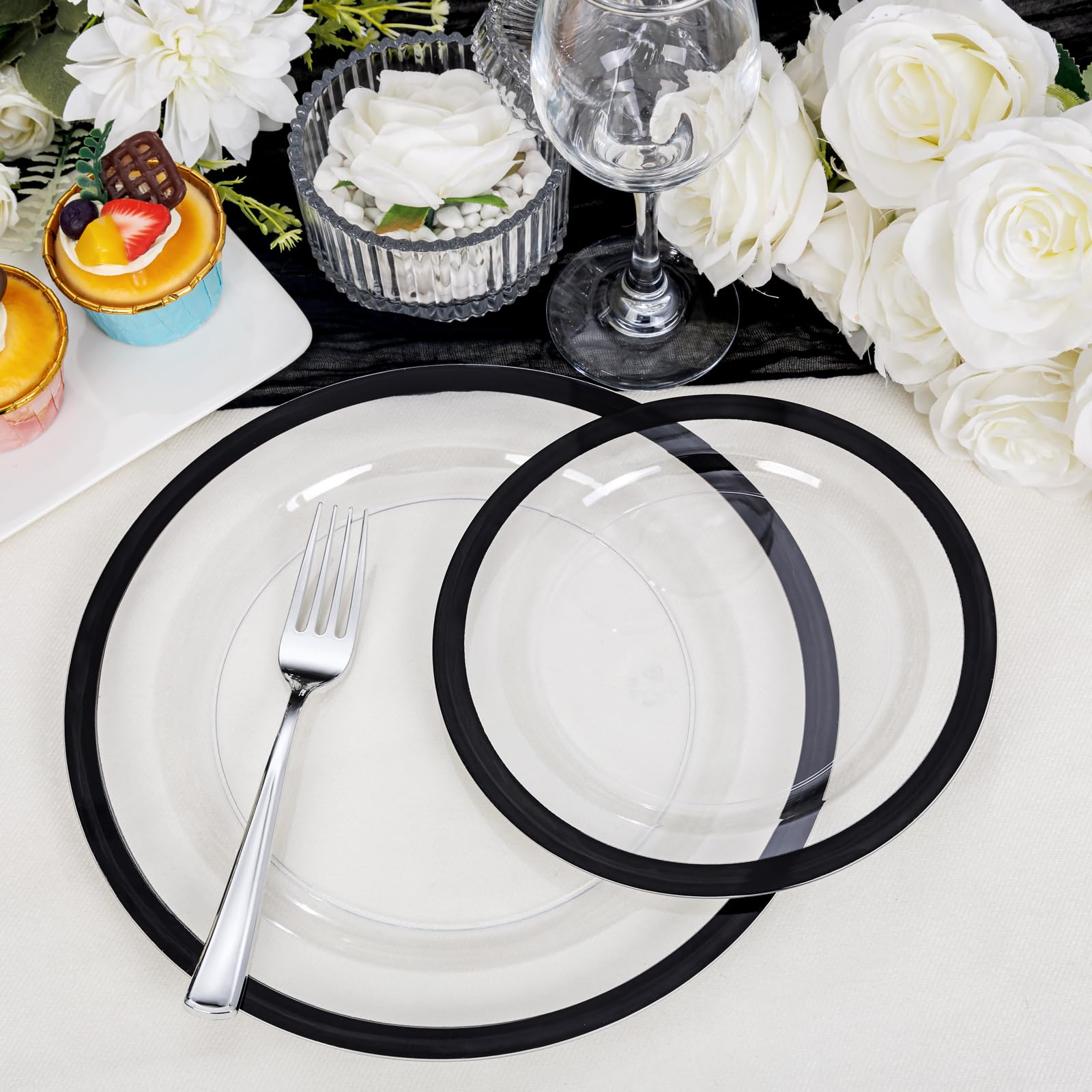 U-Qe 200 Pcs Clear And Black Plastic Plates - Black Plates Disposable Heavy Duty - Black Plastic Plates For Party - Include 100