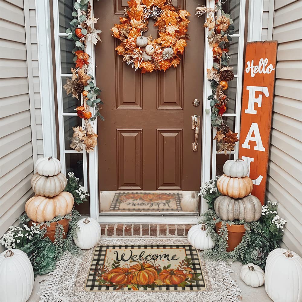 GEEORY Fall Kitchen Mats Set of 2, Striped Pumpkins Bowknot Floor Mat Farmhouse Seasonal Holiday Thanksgiving Decorations 17x29