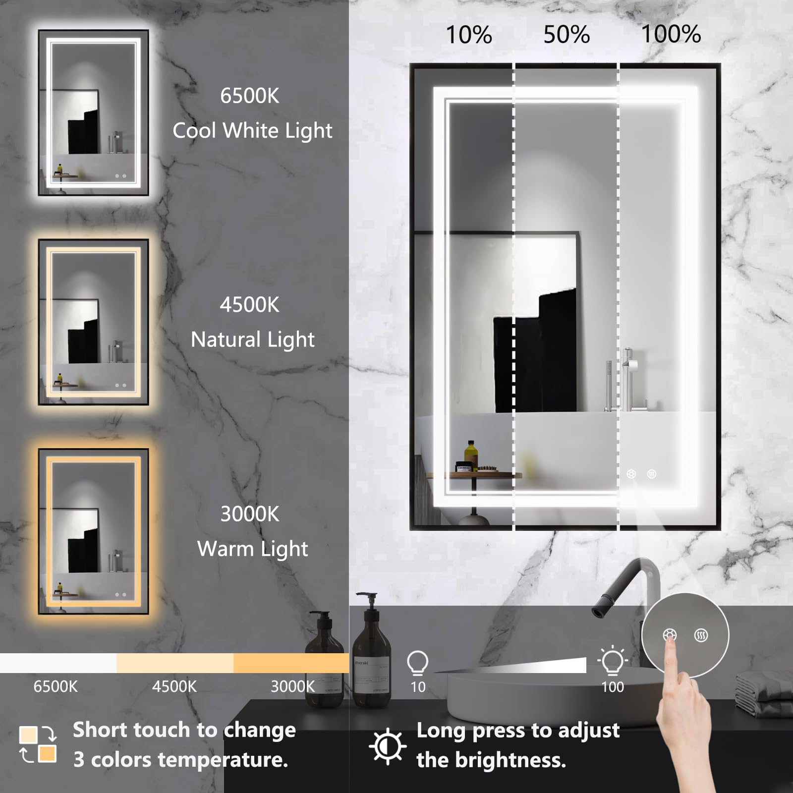 Oumusu Led Mirror For Bathroom 20''X28'',Black Led Bathroom Mirror With Front And Backlit,Dual Led Strips,Anti-Fog Bathroom Mirr