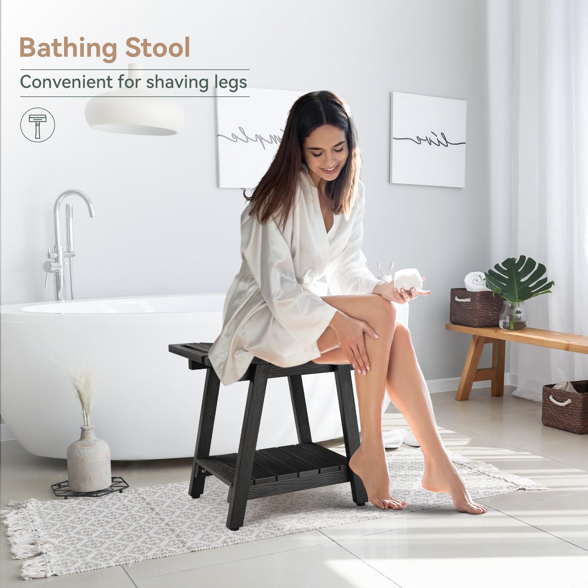 Lue Bona Shower Bench, Hdps Shower Seat With Storage Shelf, Waterproof Shower Chair, Non-Slip Shower Stool For Adults, Elderly,