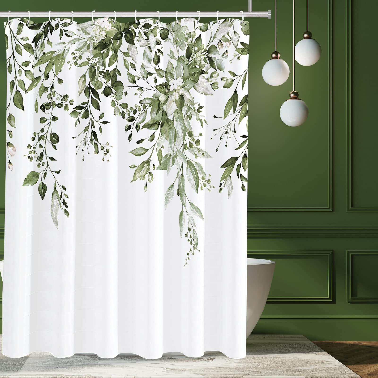 Tititex Olive Green Eucalyptus Shower Curtain Sets, Watercolor Leaves On The Top Plant With Floral Bathroom Decoration 72X72 Inc