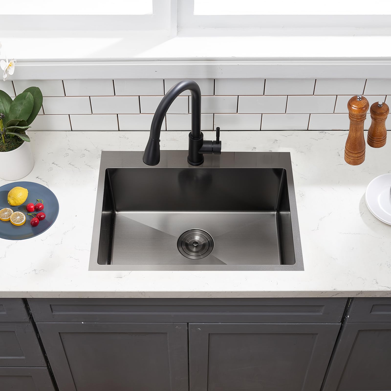 Vccucine 22X18 Inch Gunmetal Black Drop In Kitchen Sink,16 Gauge Topmount Rv Small Kitchen Bar Sink,Stainless Steel Wet Bar Sink