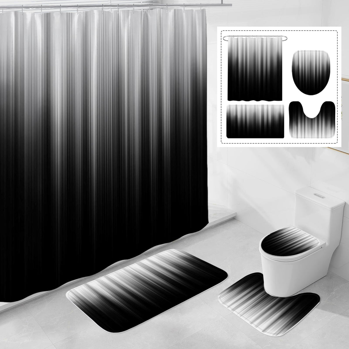 Litabel 4 Pcs Grey And Black Gradient Shower Curtain Set With Rugs And Toilet Lid Cover, Modern Simple Waterproof Fabric Bathroo
